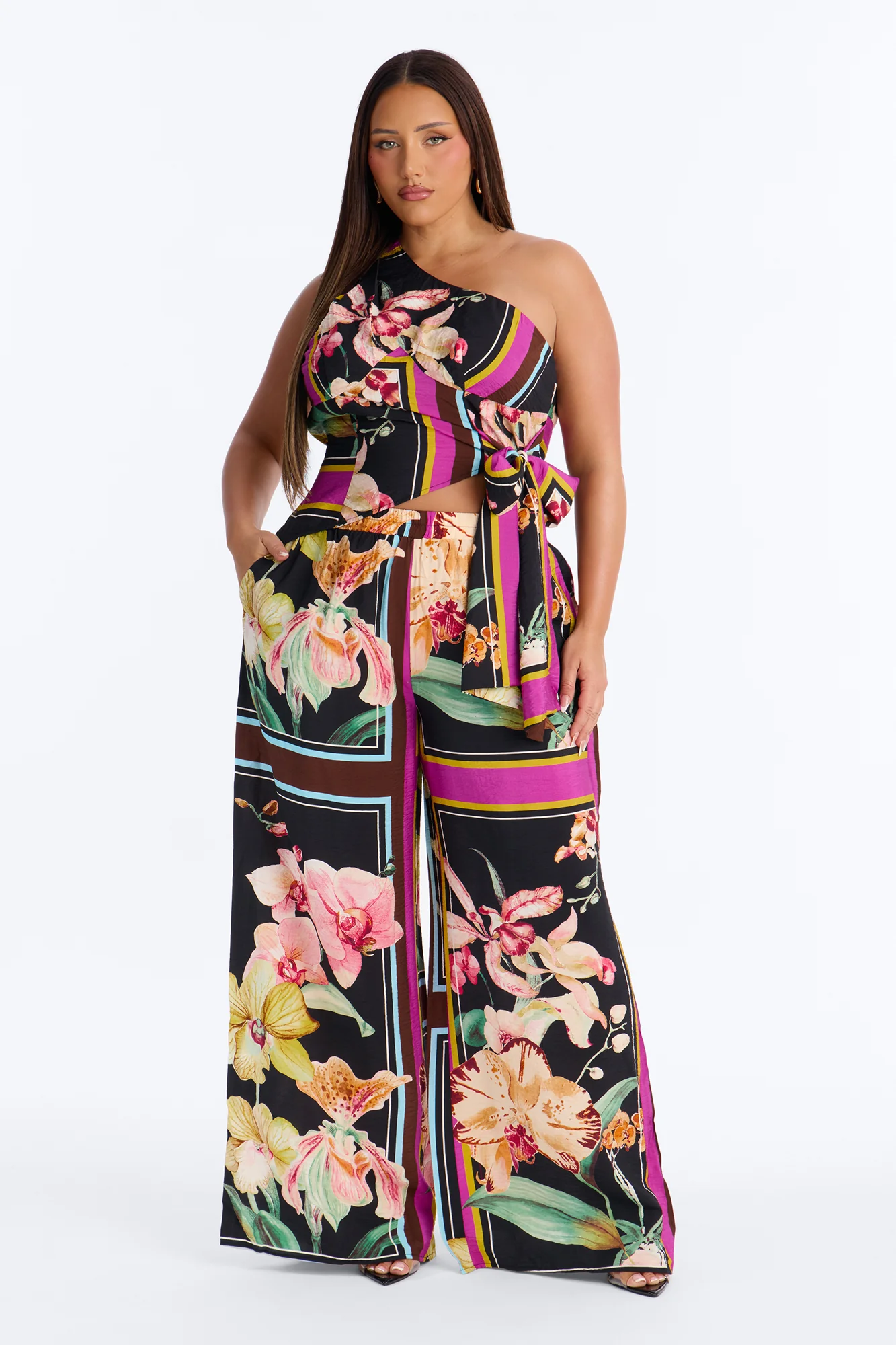 Elara One Shoulder Floral Airflow Pant Set - Multi Color - Image 4