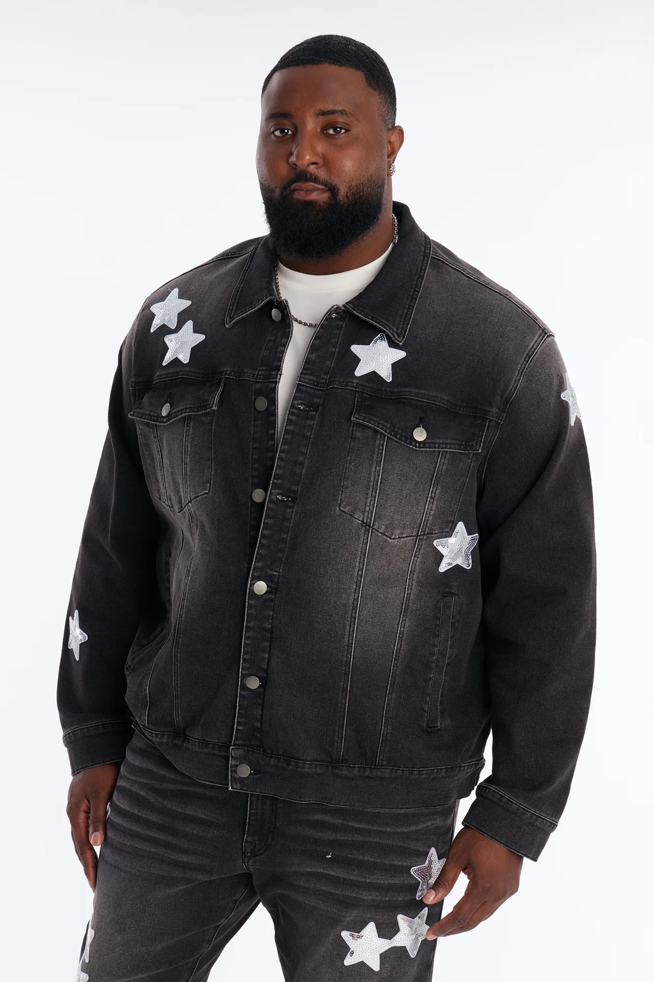Electric Sequin Star Denim Trucker Jacket - Black Wash - Image 5