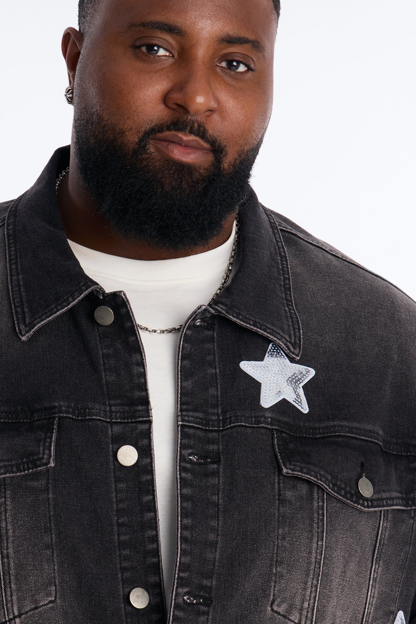 Electric Sequin Star Denim Trucker Jacket - Black Wash - Image 7