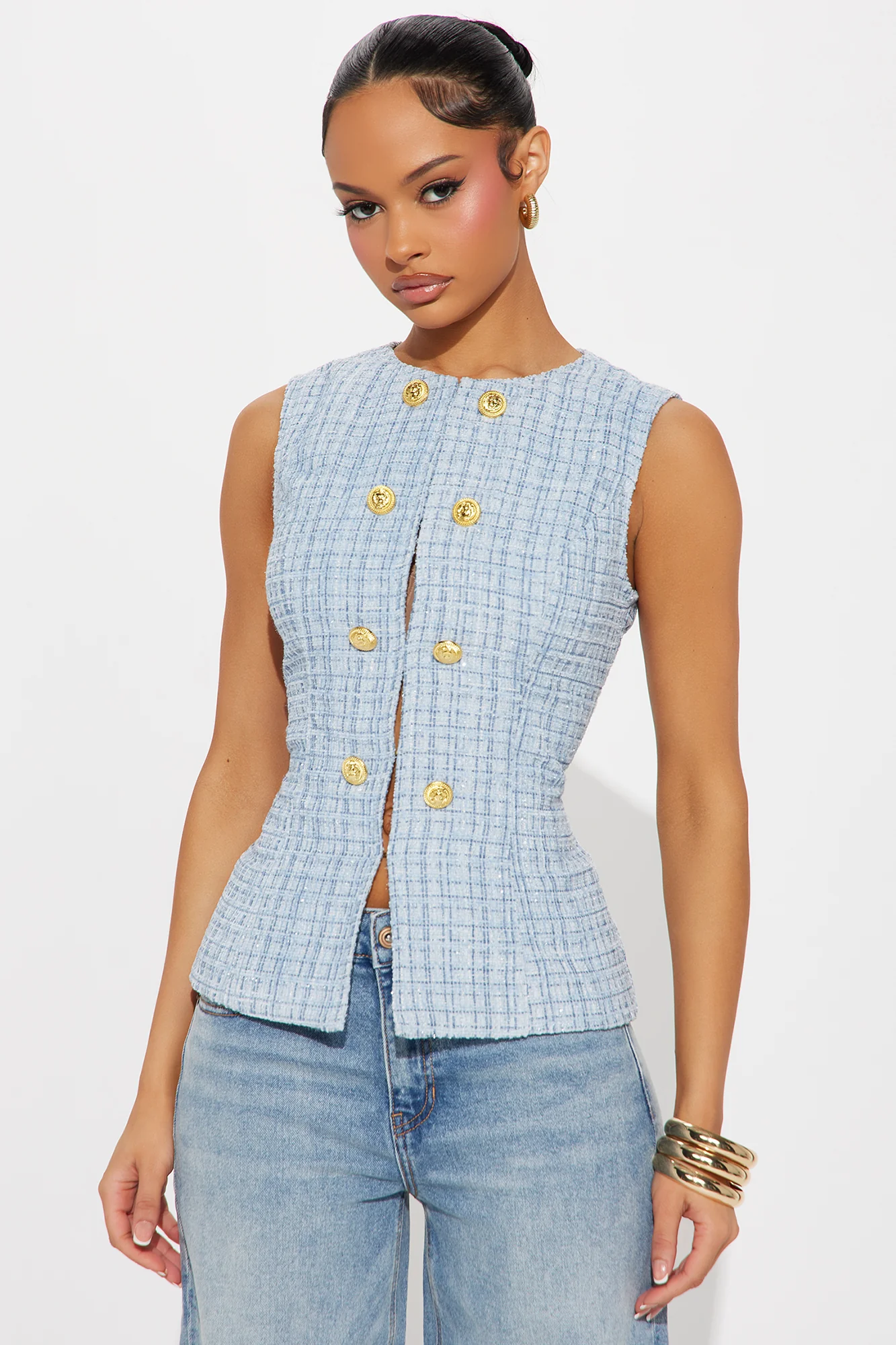 Elegant Love Tweed Vest Top - Blue - Image 2