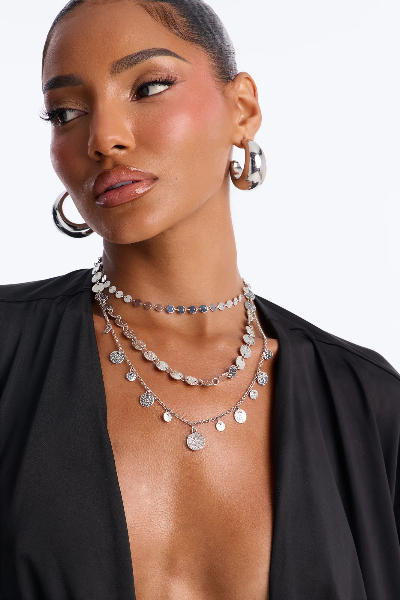 Elena Coin Hardware Layered Necklace - Silver