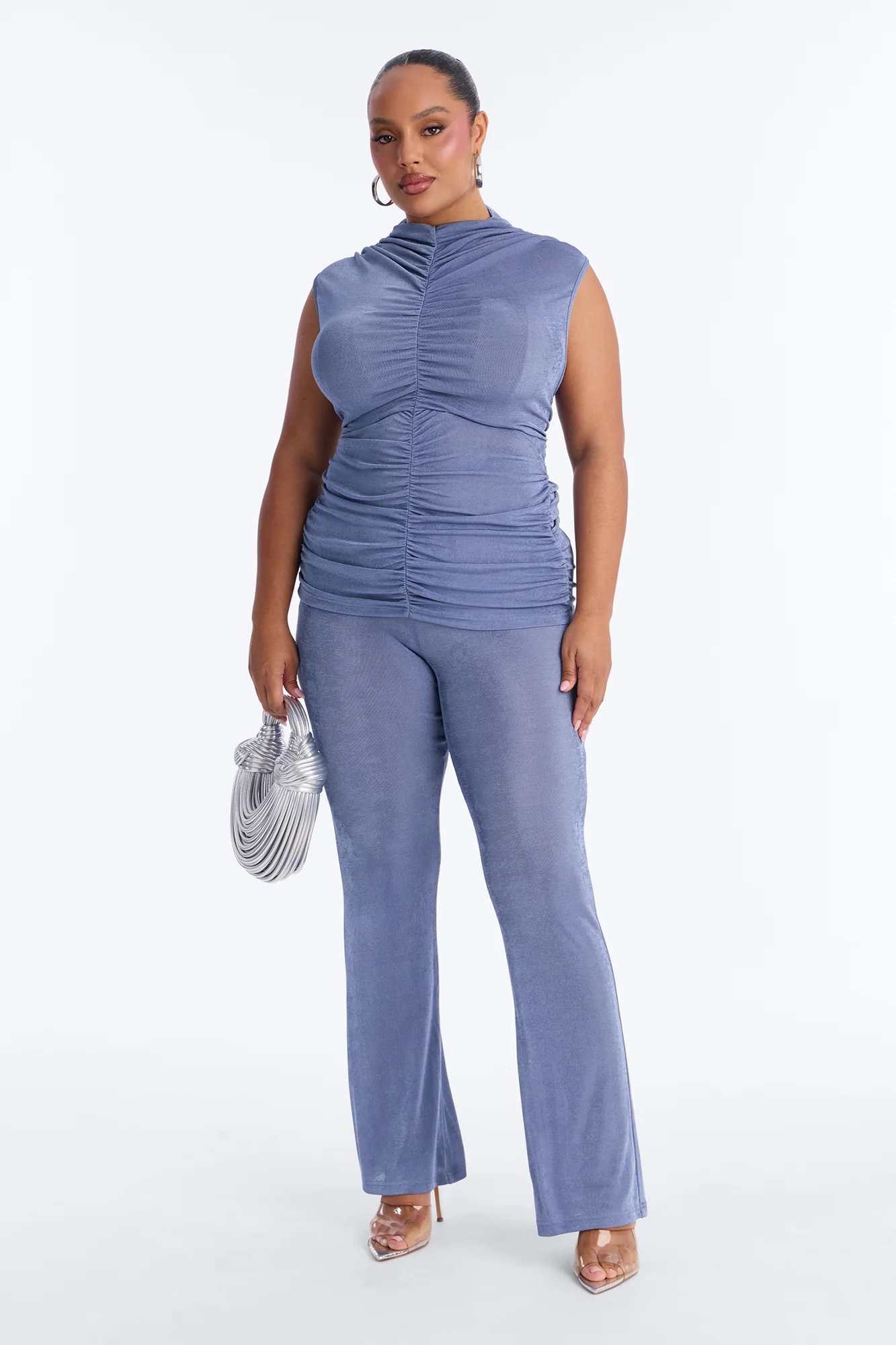 Elena Ruched Slinky Pant Set - Blue - Image 5