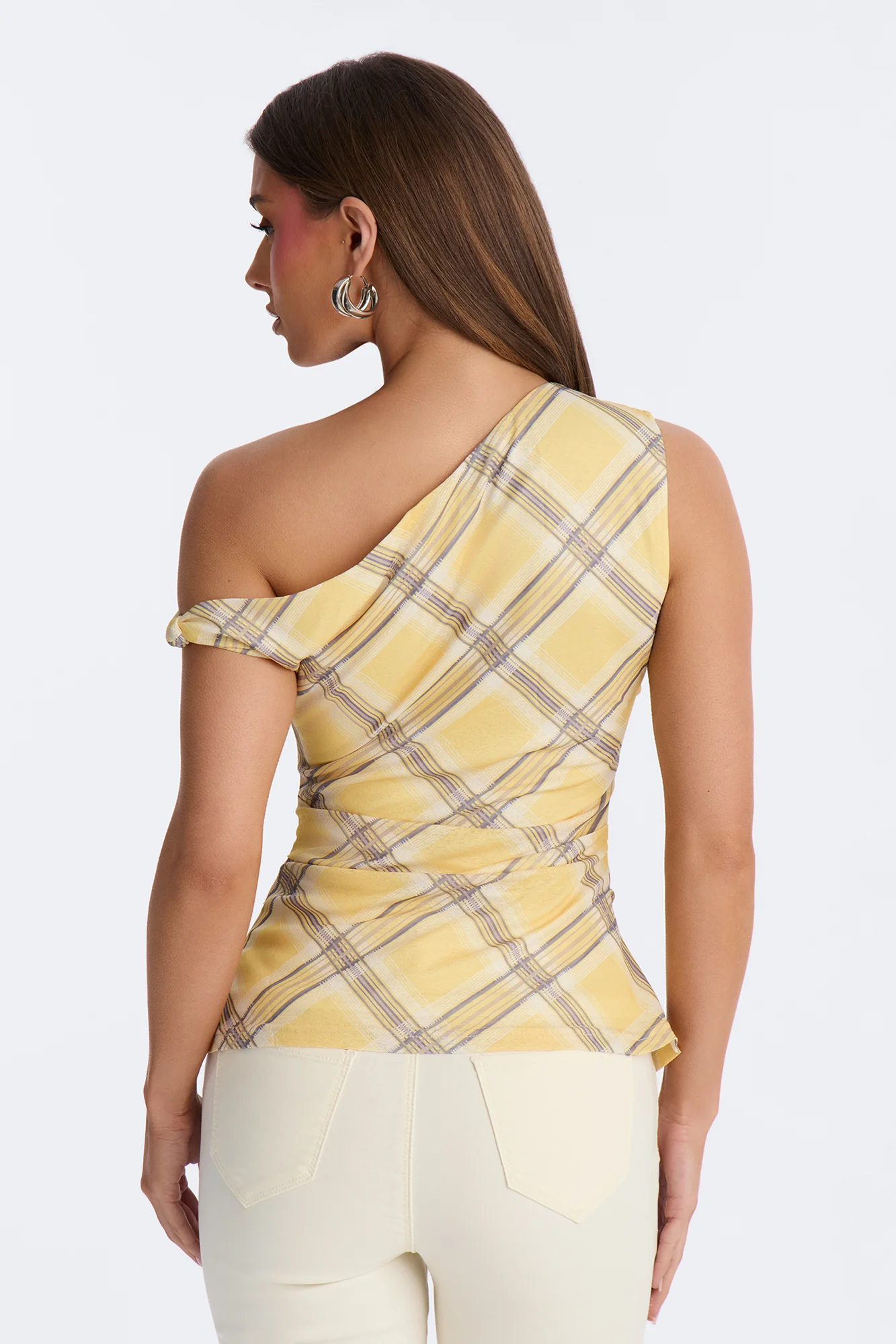 Elevated Life One Shoulder Ruched Plaid Top - Yellow/combo - Image 5