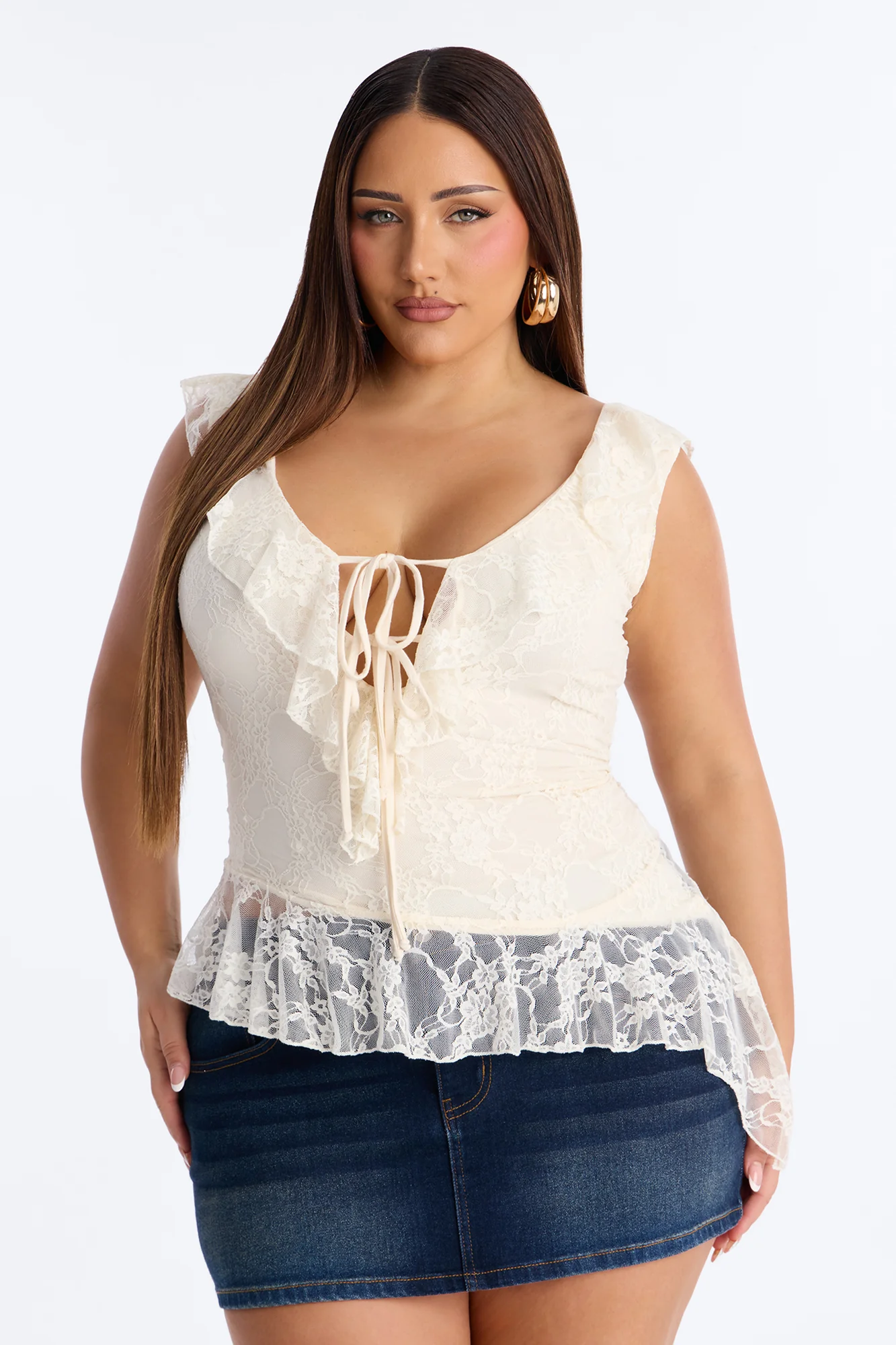 Elina Asymmetrical Ruffle Lace Sleeveless Top - Cream - Image 6