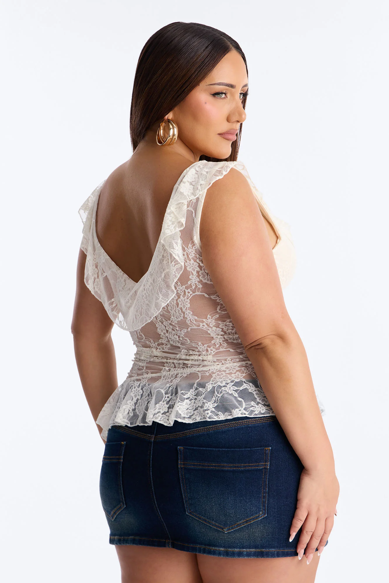 Elina Asymmetrical Ruffle Lace Sleeveless Top - Cream - Image 8