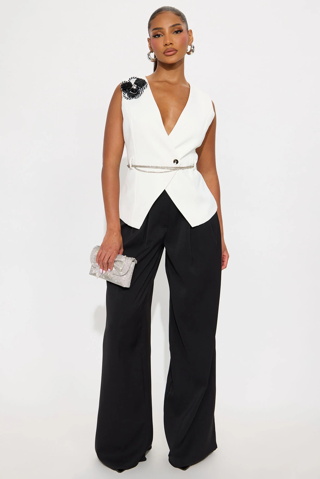 Elise Belted Vest 3 Piece Pant Set - Black/White