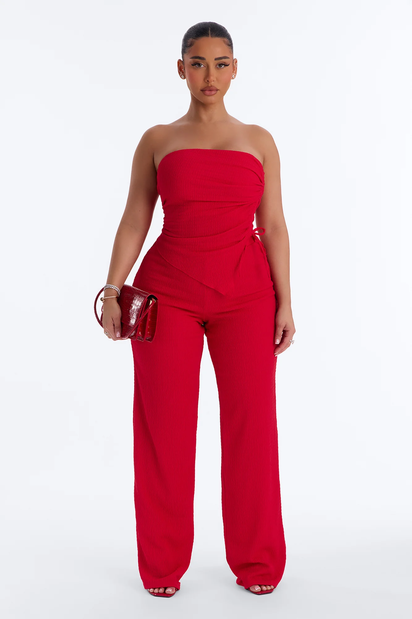 Elise Strapless Textured Pant Set - Red