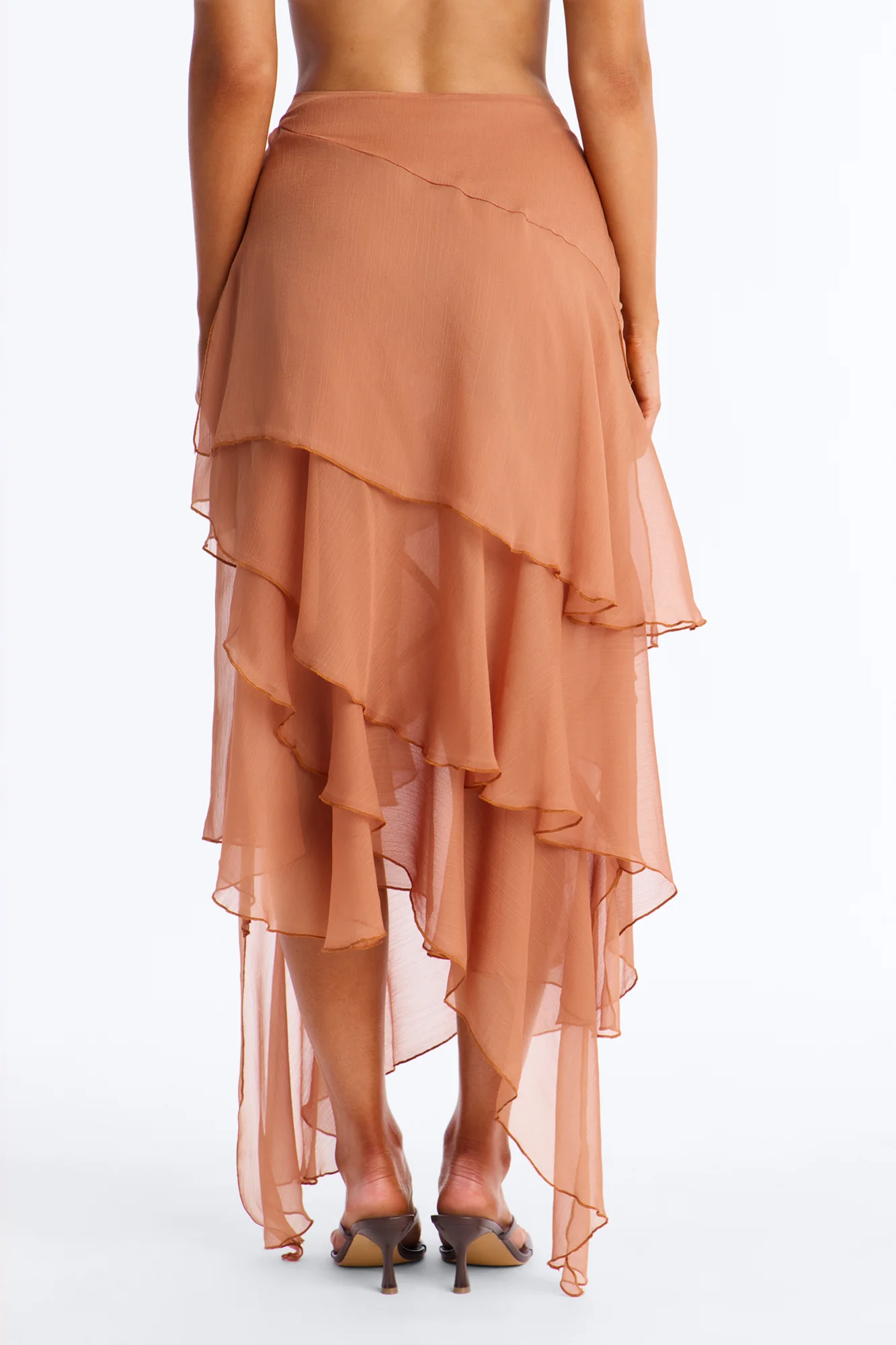 Eliza Asymmetrical Tiered Ruffle Midi Skirt - Cognac - Image 3