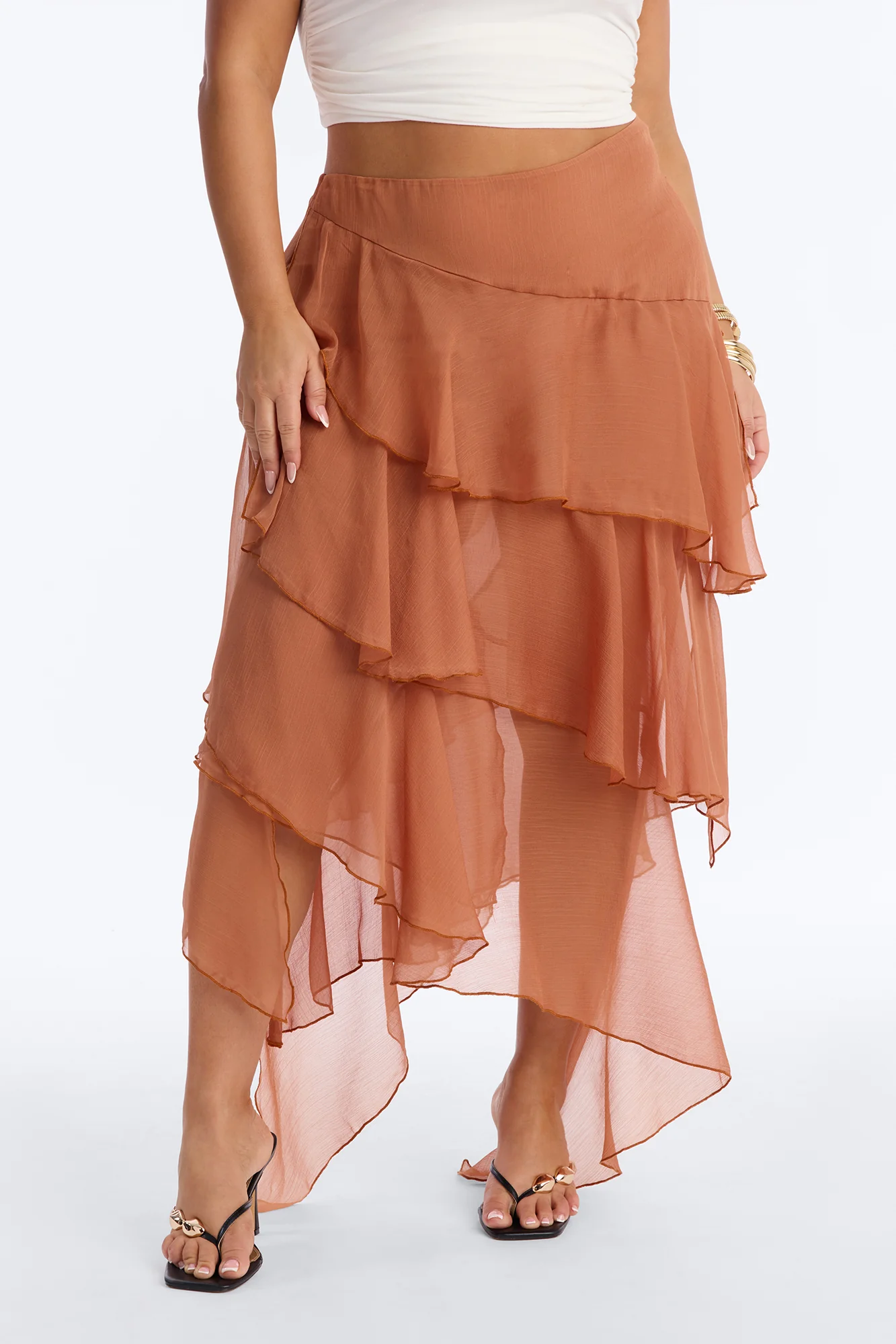 Eliza Asymmetrical Tiered Ruffle Midi Skirt - Cognac - Image 5