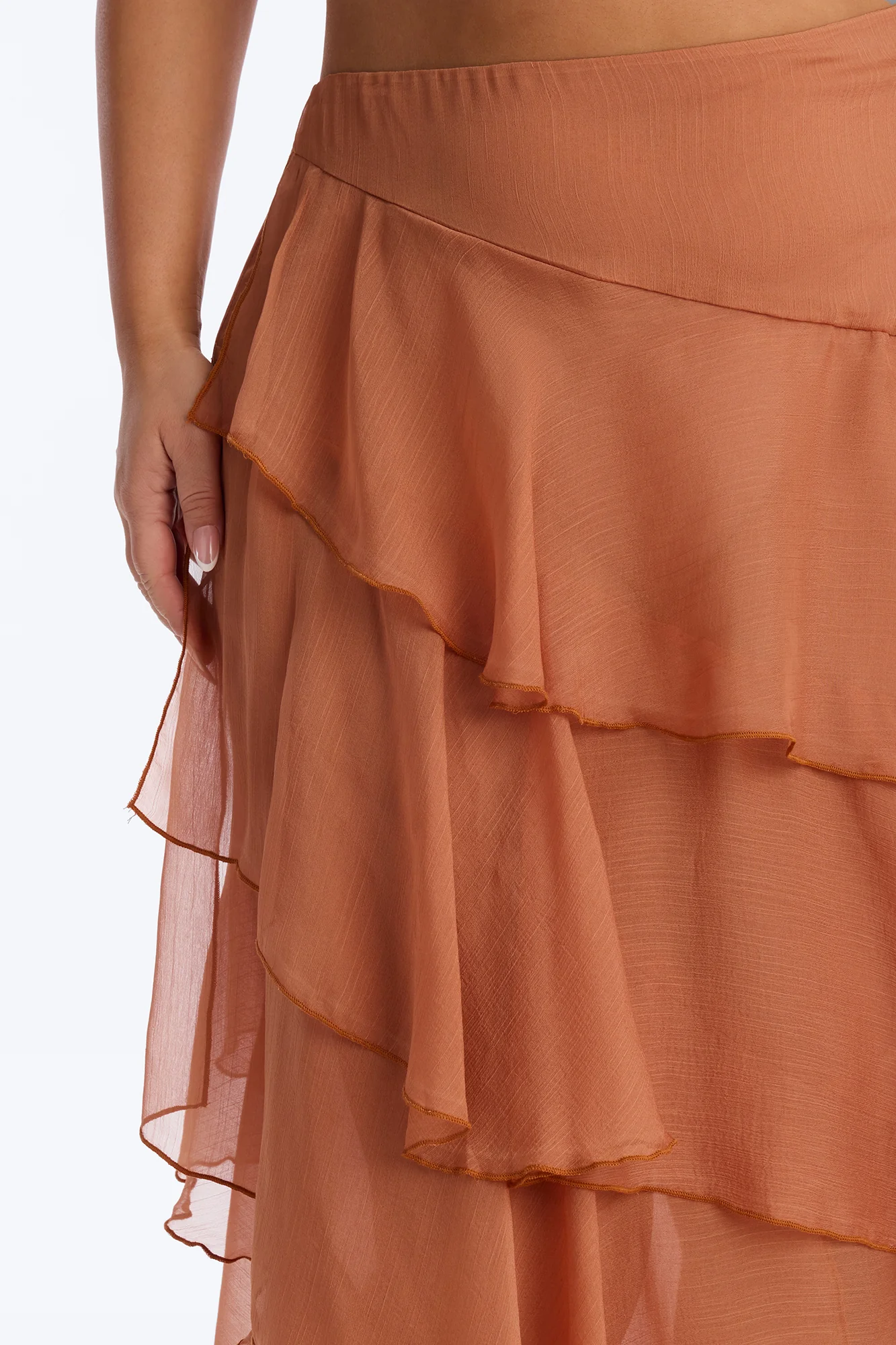 Eliza Asymmetrical Tiered Ruffle Midi Skirt - Cognac - Image 6