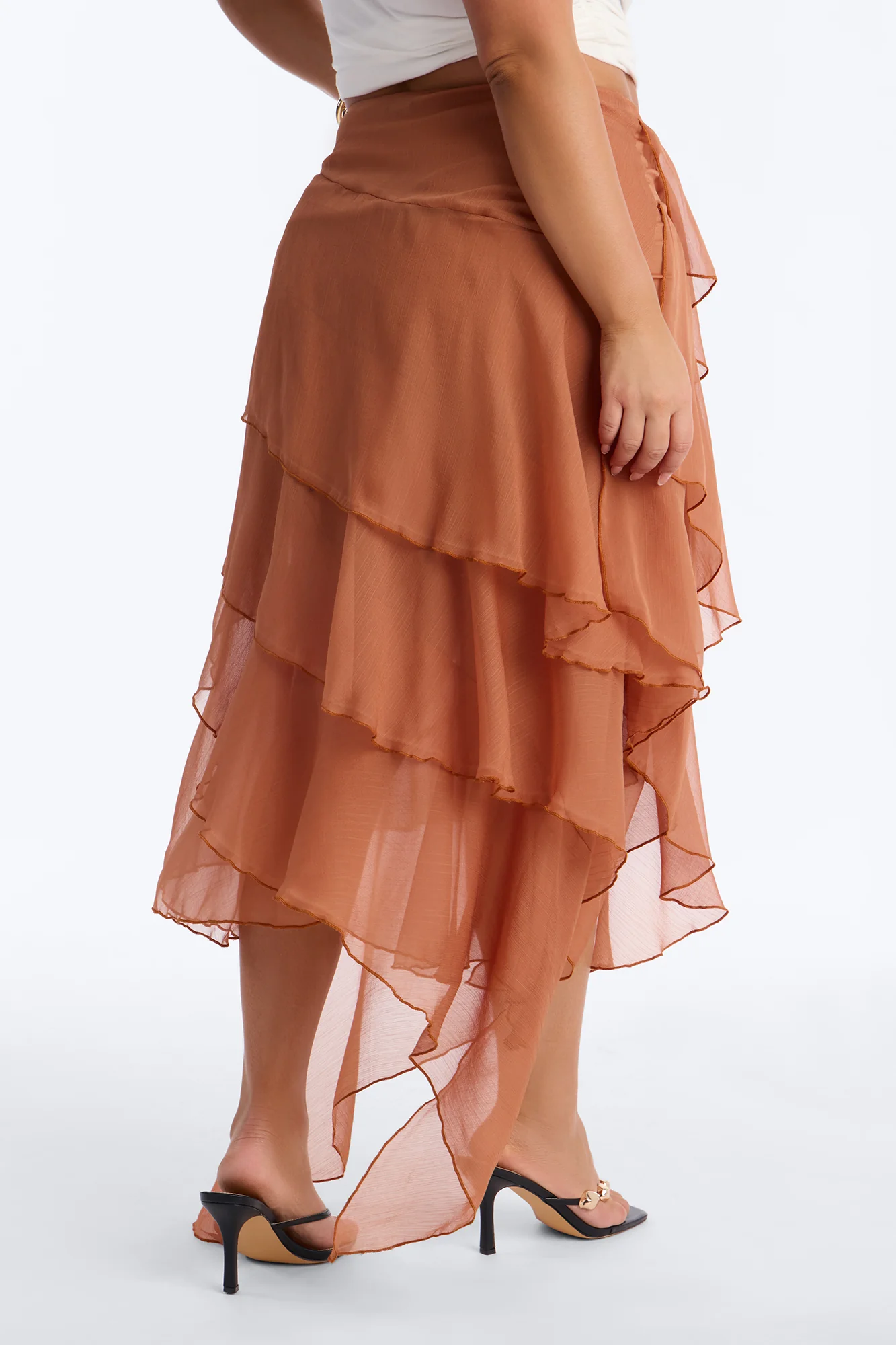 Eliza Asymmetrical Tiered Ruffle Midi Skirt - Cognac - Image 7