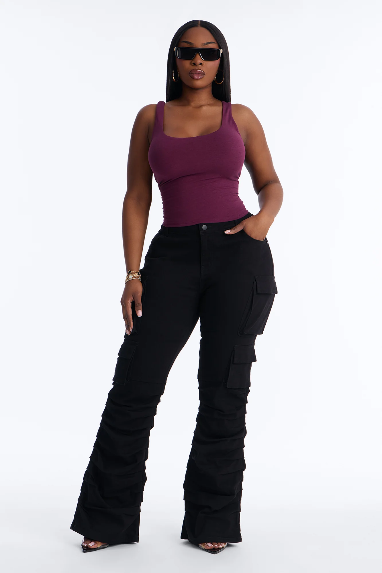 Eliza Low Rise Flare Cargo Stacked Pant 33″ - Black - Image 5