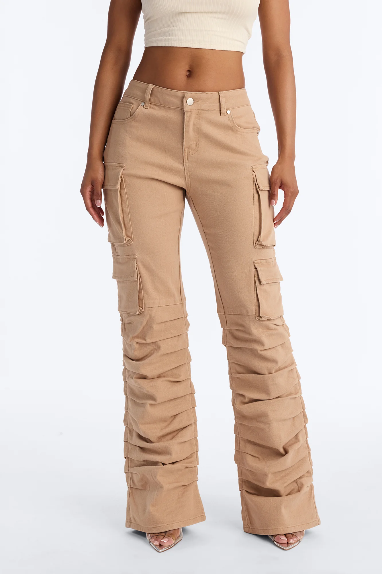 Eliza Low Rise Flare Cargo Stacked Pant 33″ - Khaki - Image 2