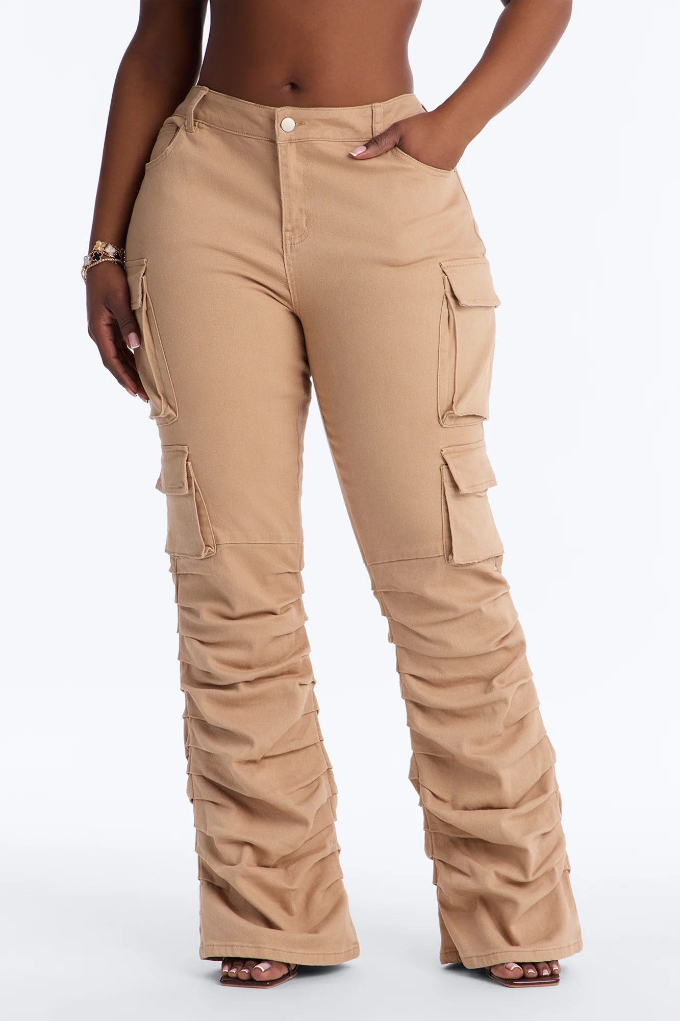 Eliza Low Rise Flare Cargo Stacked Pant 33″ - Khaki - Image 6