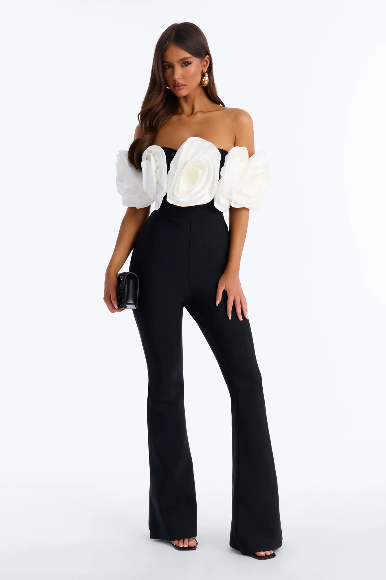 Elizabeth Bandage Floral Flare Jumpsuit - Black/White