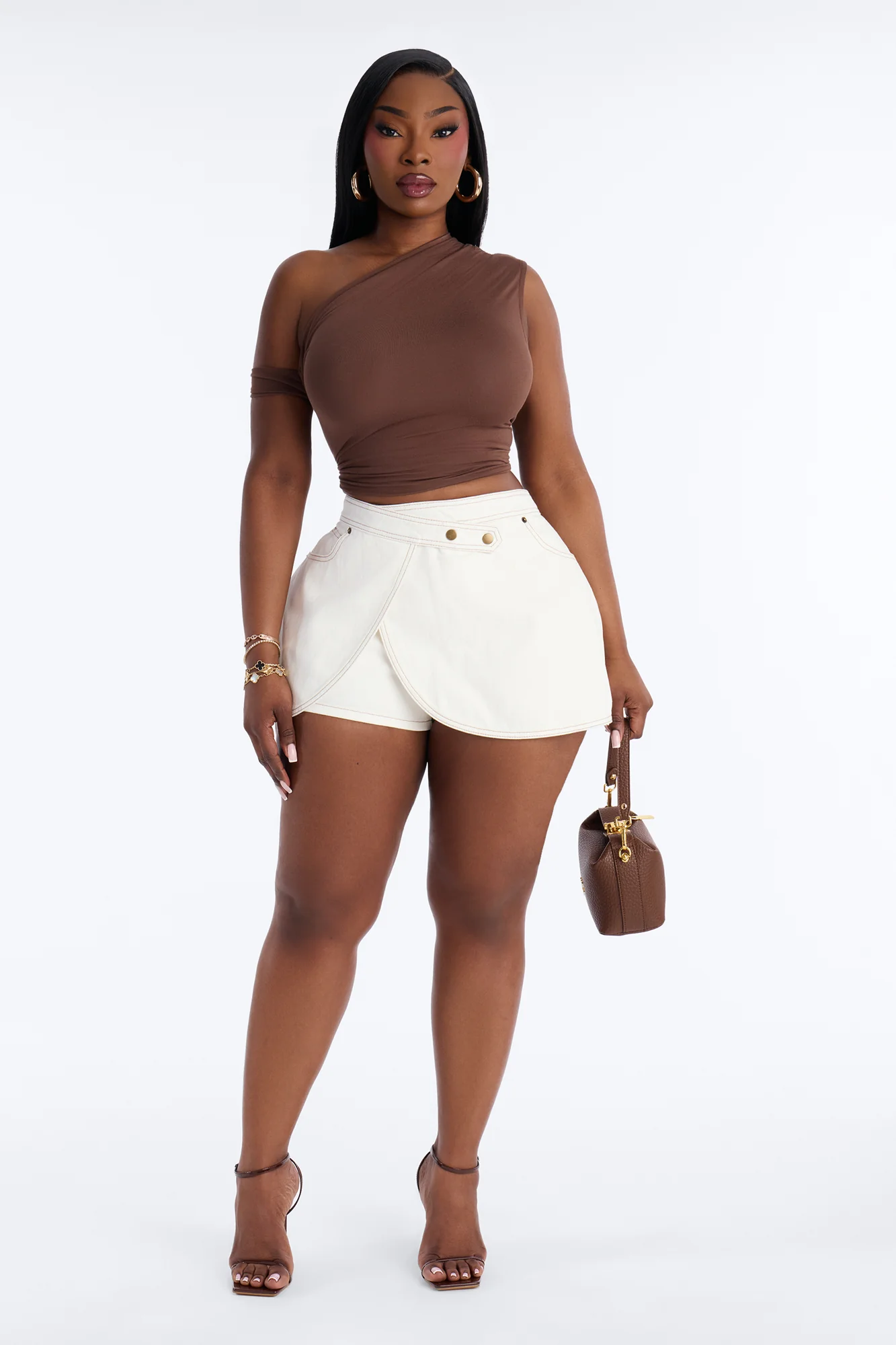 Ella Solid Scallop Wrap Denim Mini Skort - White - Image 5