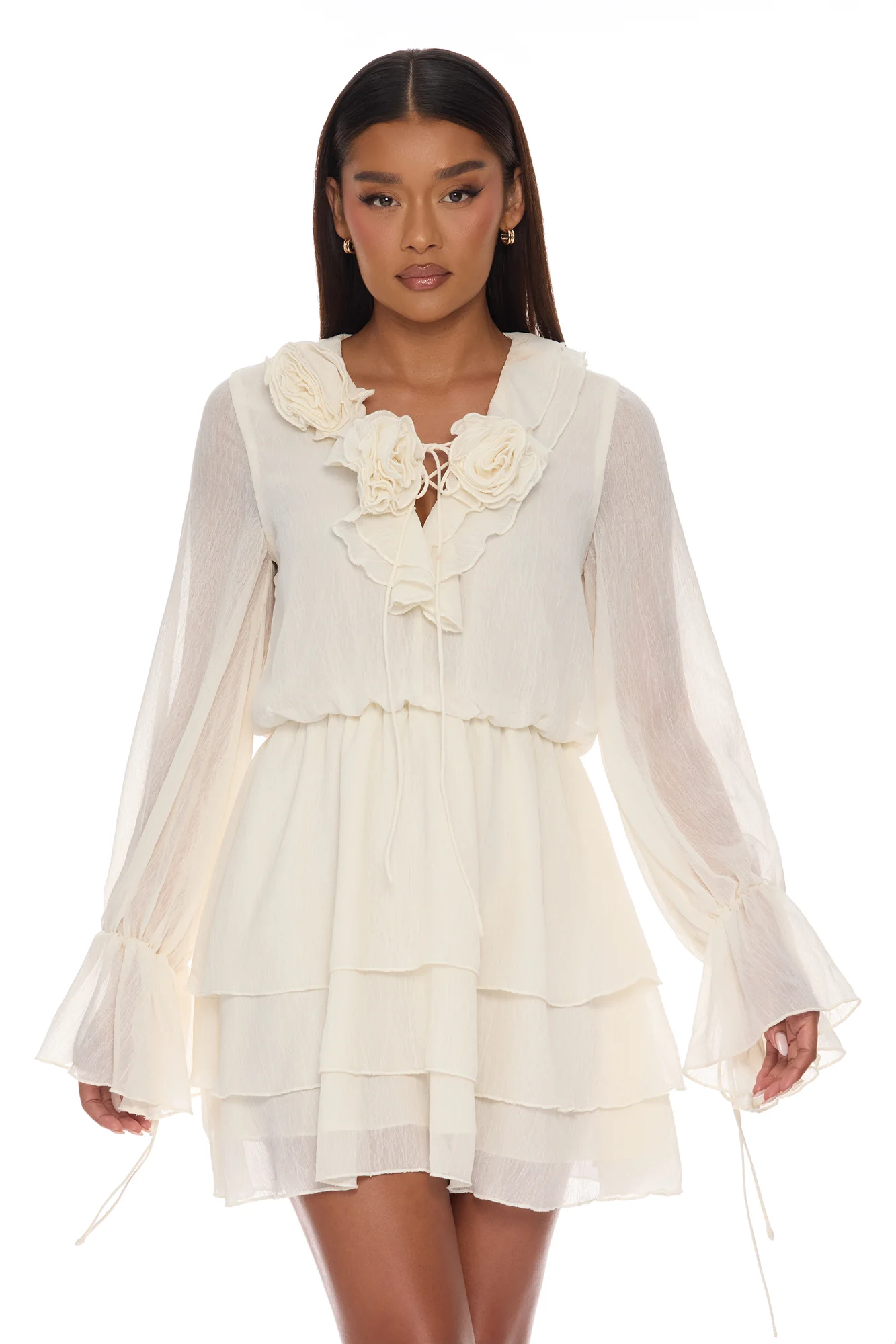 Ellah Ruffle Chiffon Mini Dress - Cream - Image 2