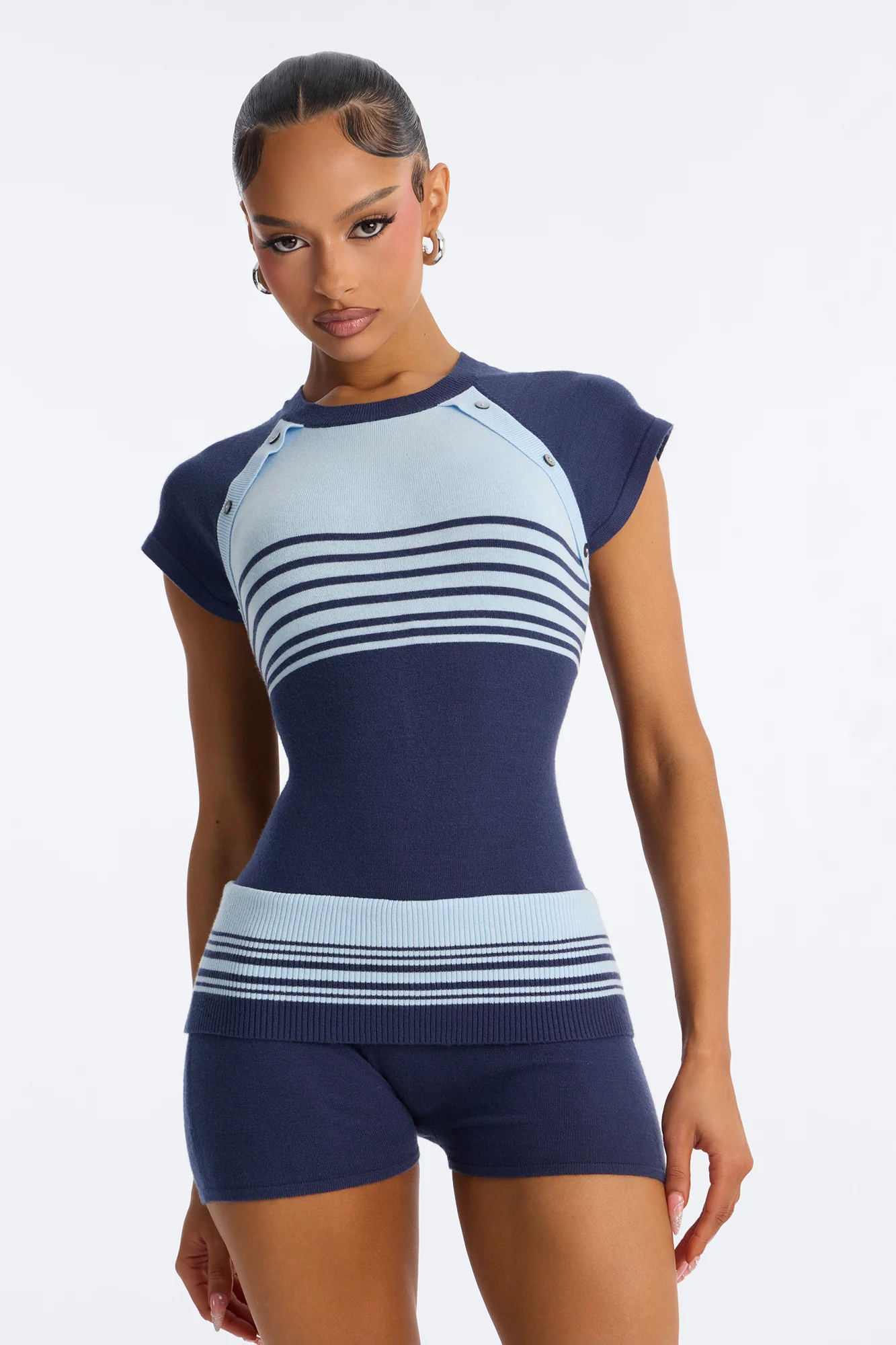 Elle Short Sleeve Striped Romper - Blue - Image 2