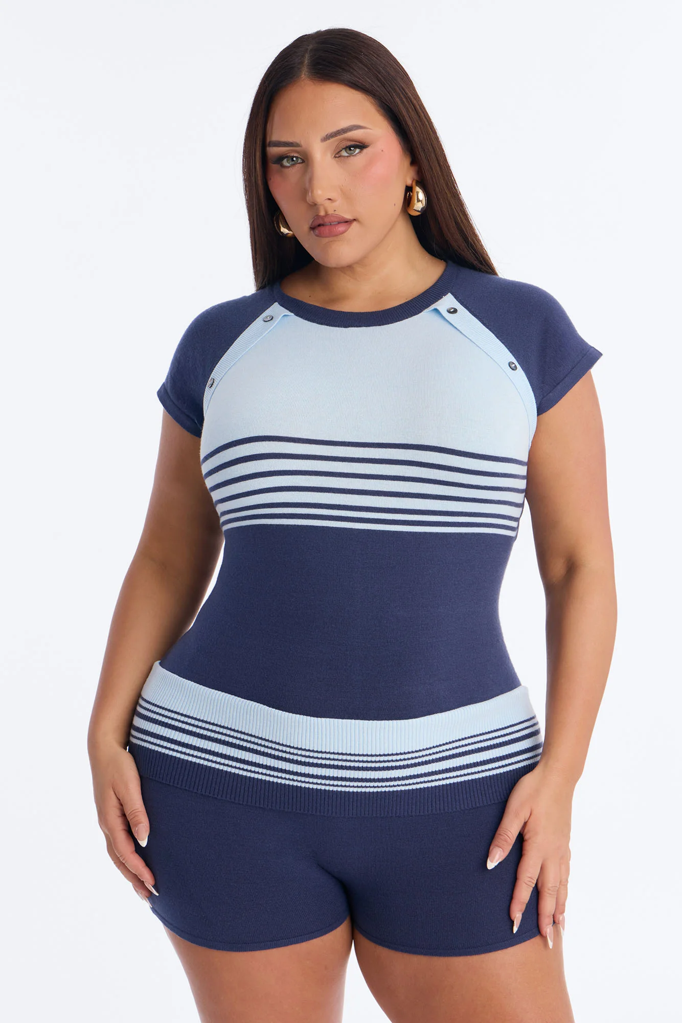 Elle Short Sleeve Striped Romper - Blue - Image 6
