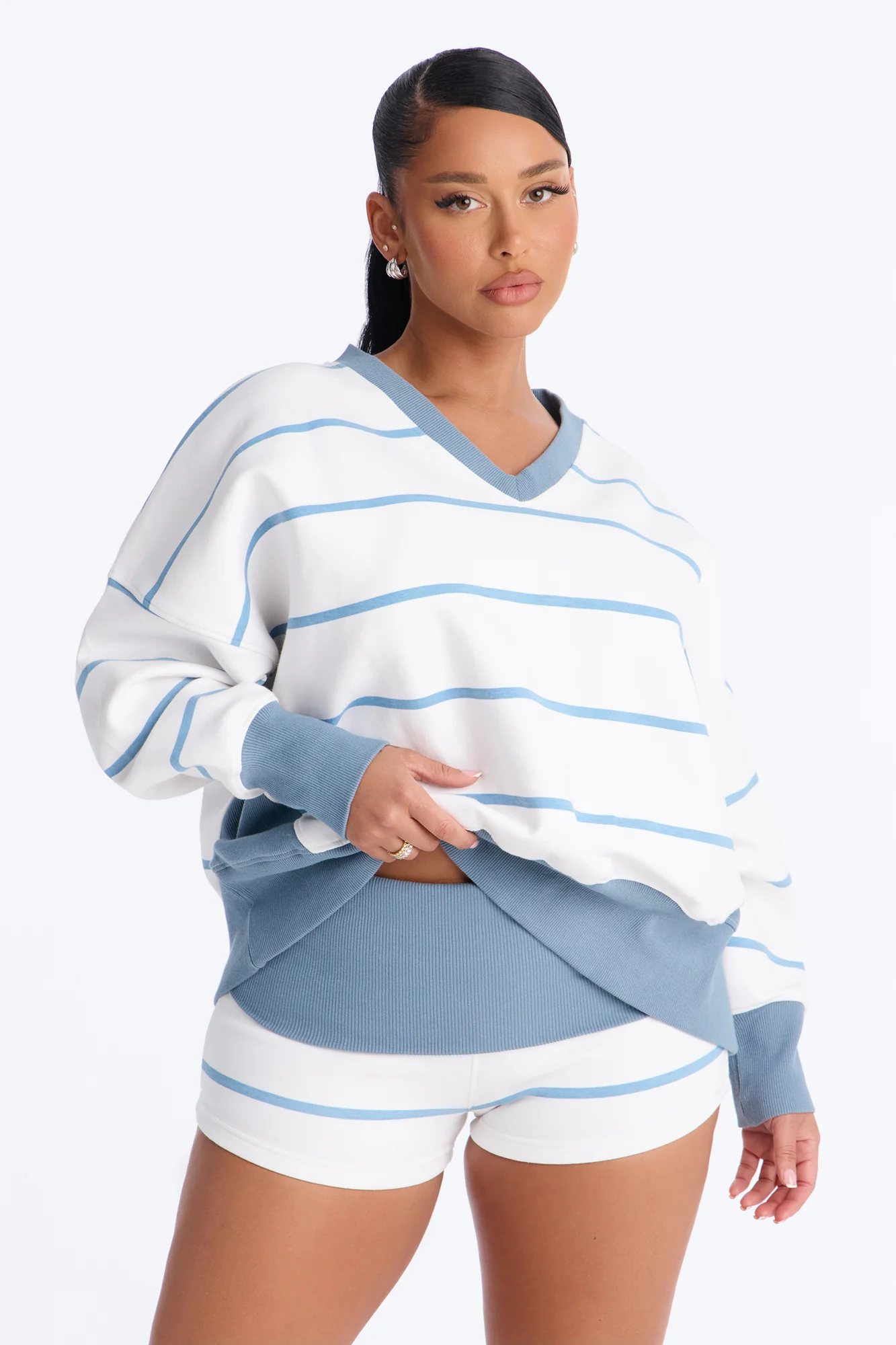 Ellie Striped Fold Over Micro Short Set - White/Blue