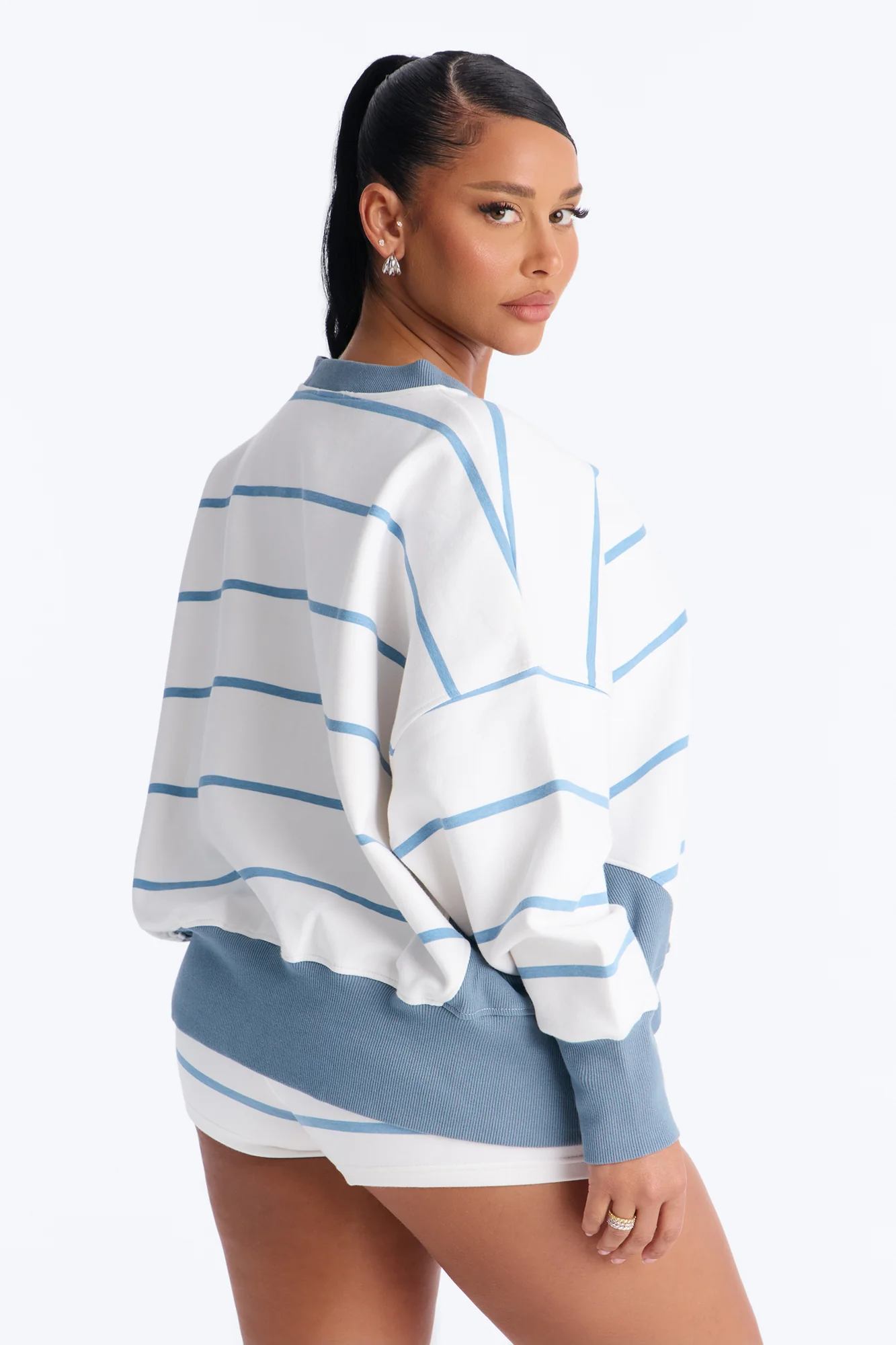 Ellie Striped Fold Over Micro Short Set - White/Blue - Image 4