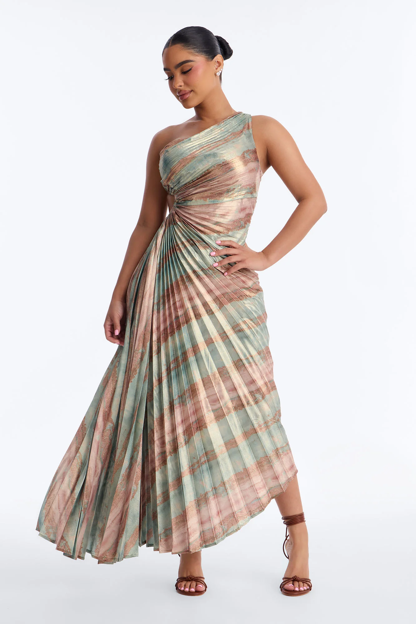 Elodie Metallic Pleated Gown - Sage/combo