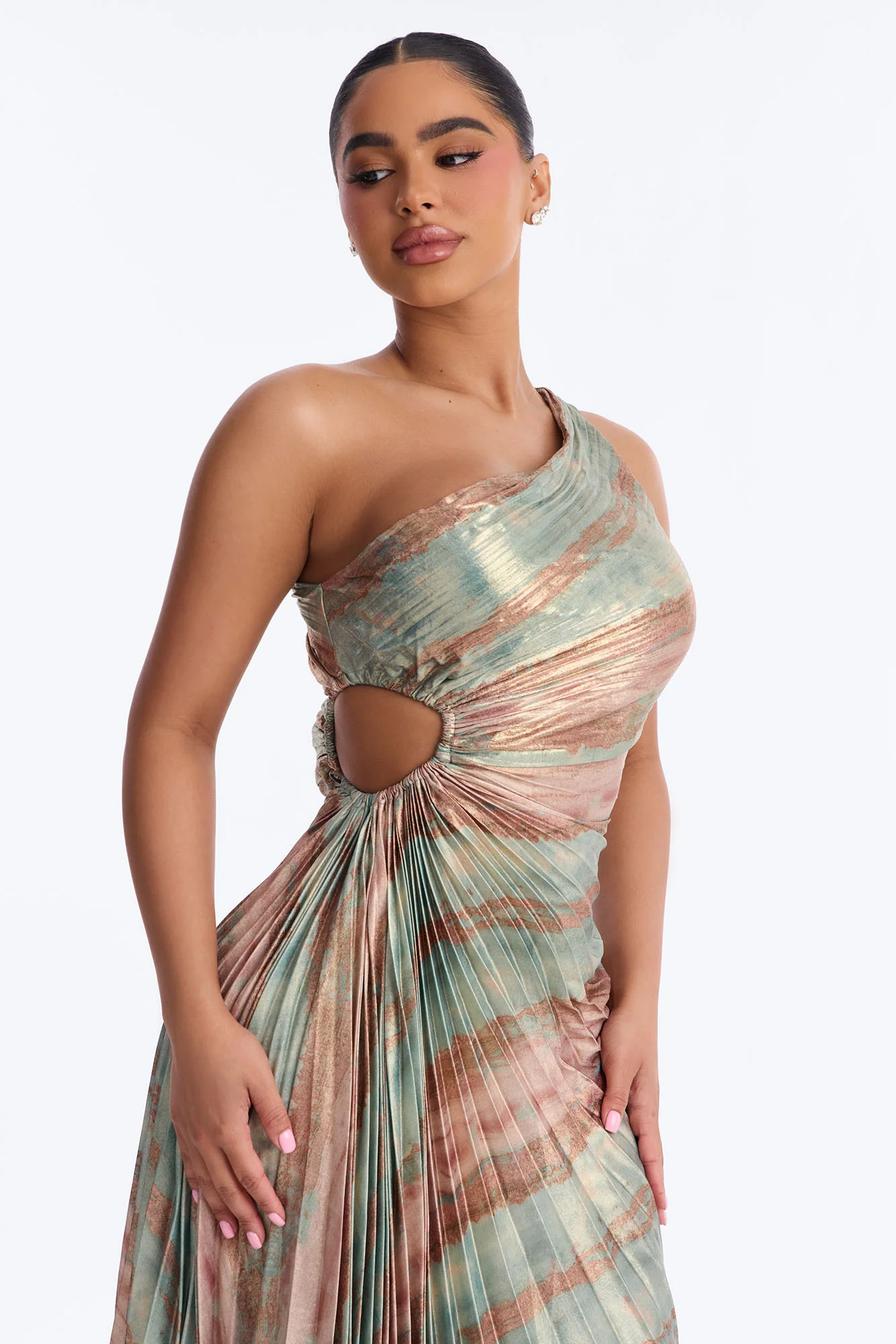 Elodie Metallic Pleated Gown - Sage/combo - Image 2