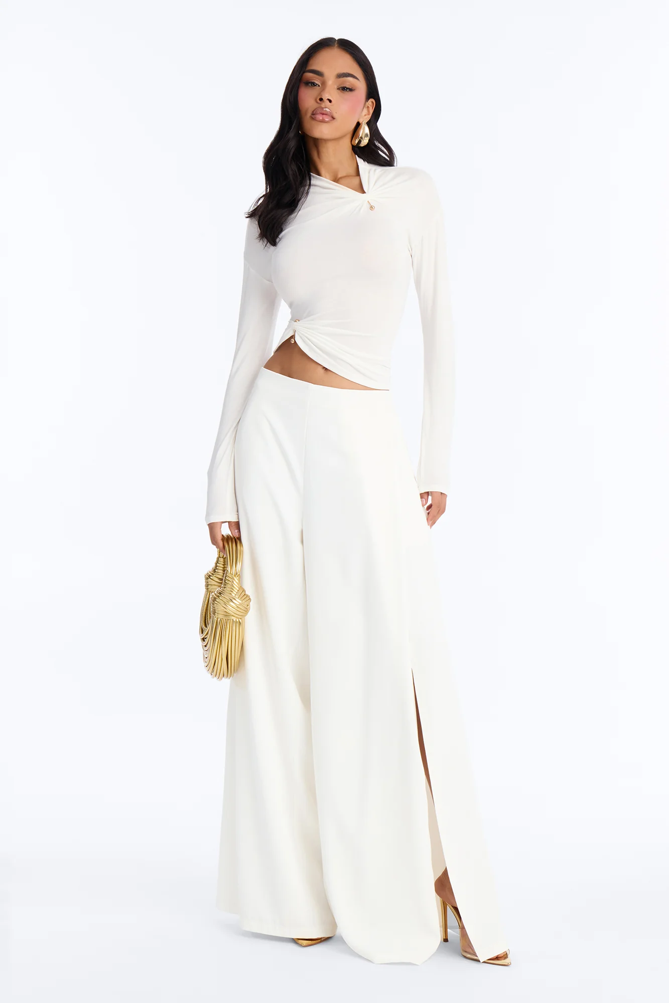 Elodie Mid Rise Super Wide Leg Crepe Pant 33″ - Ivory