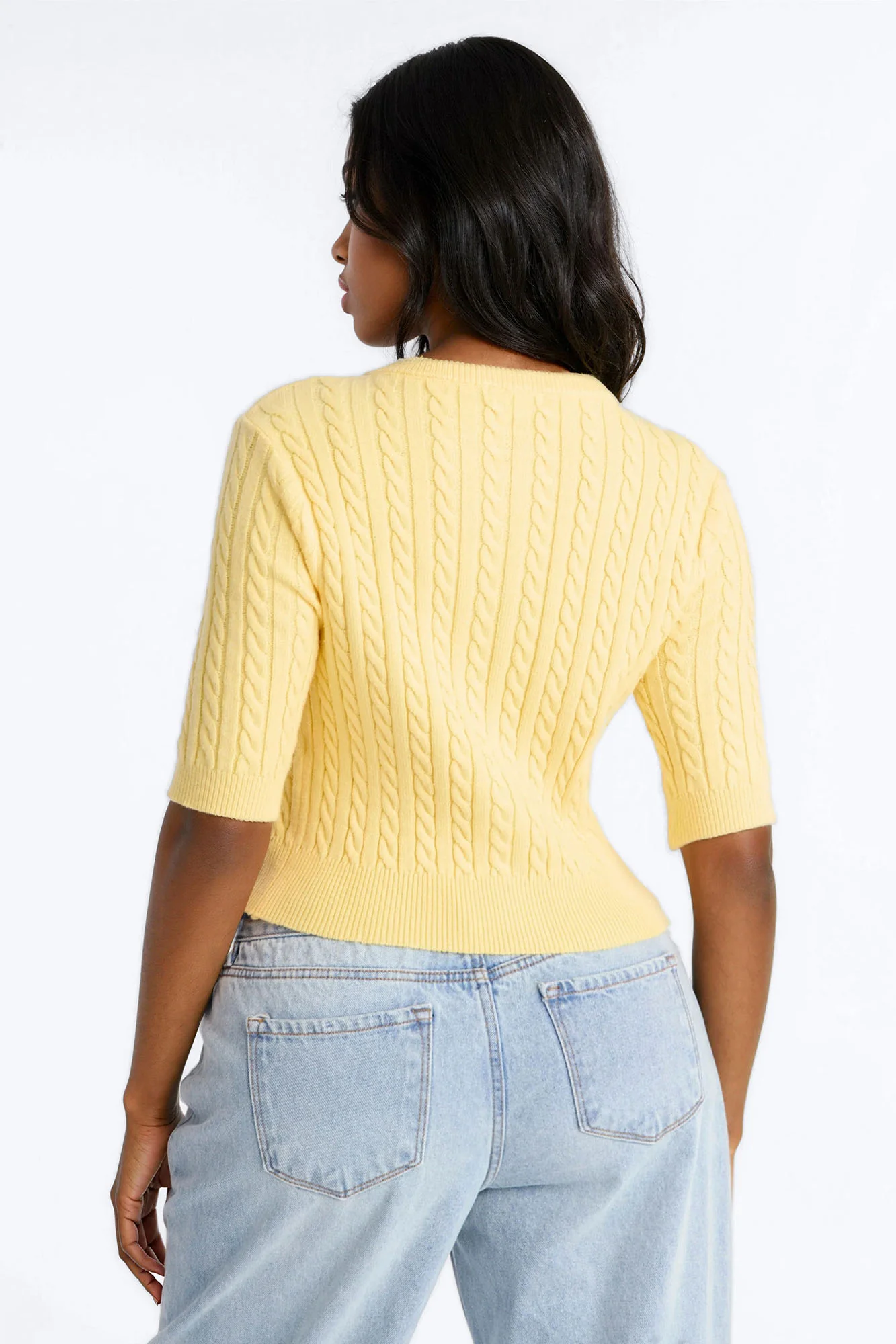 Elowen Short Sleeve Cable Knit Cardigan - Yellow - Image 3