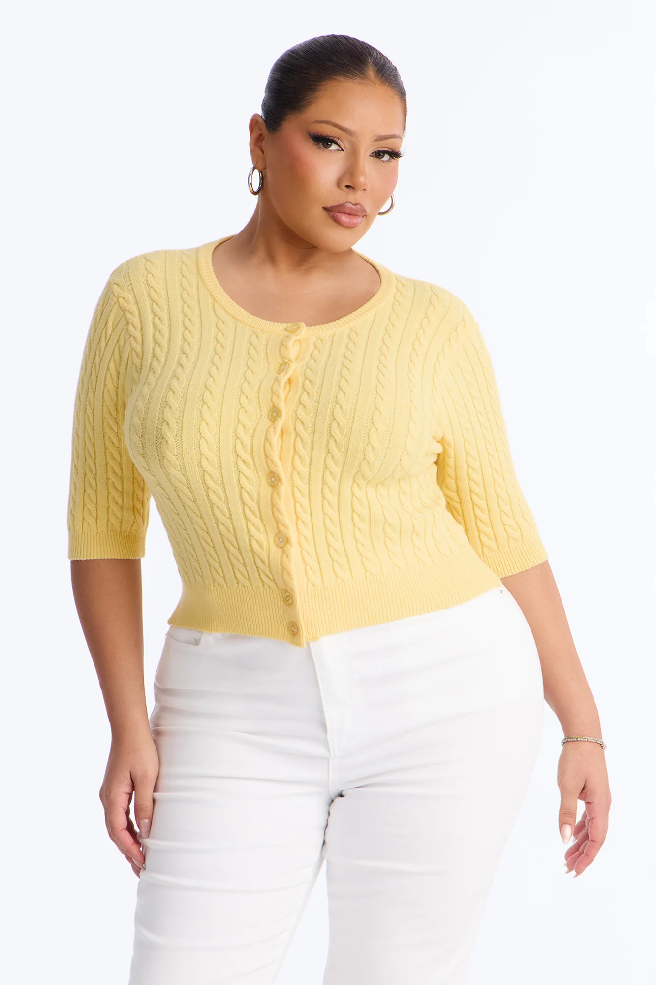 Elowen Short Sleeve Cable Knit Cardigan - Yellow - Image 4