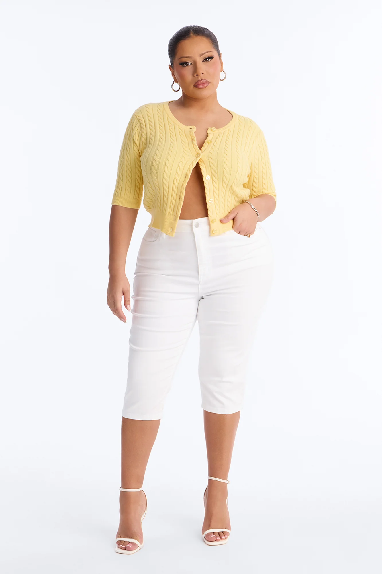 Elowen Short Sleeve Cable Knit Cardigan - Yellow - Image 5