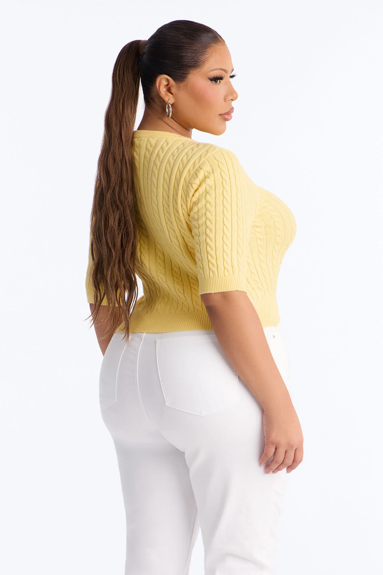Elowen Short Sleeve Cable Knit Cardigan - Yellow - Image 7