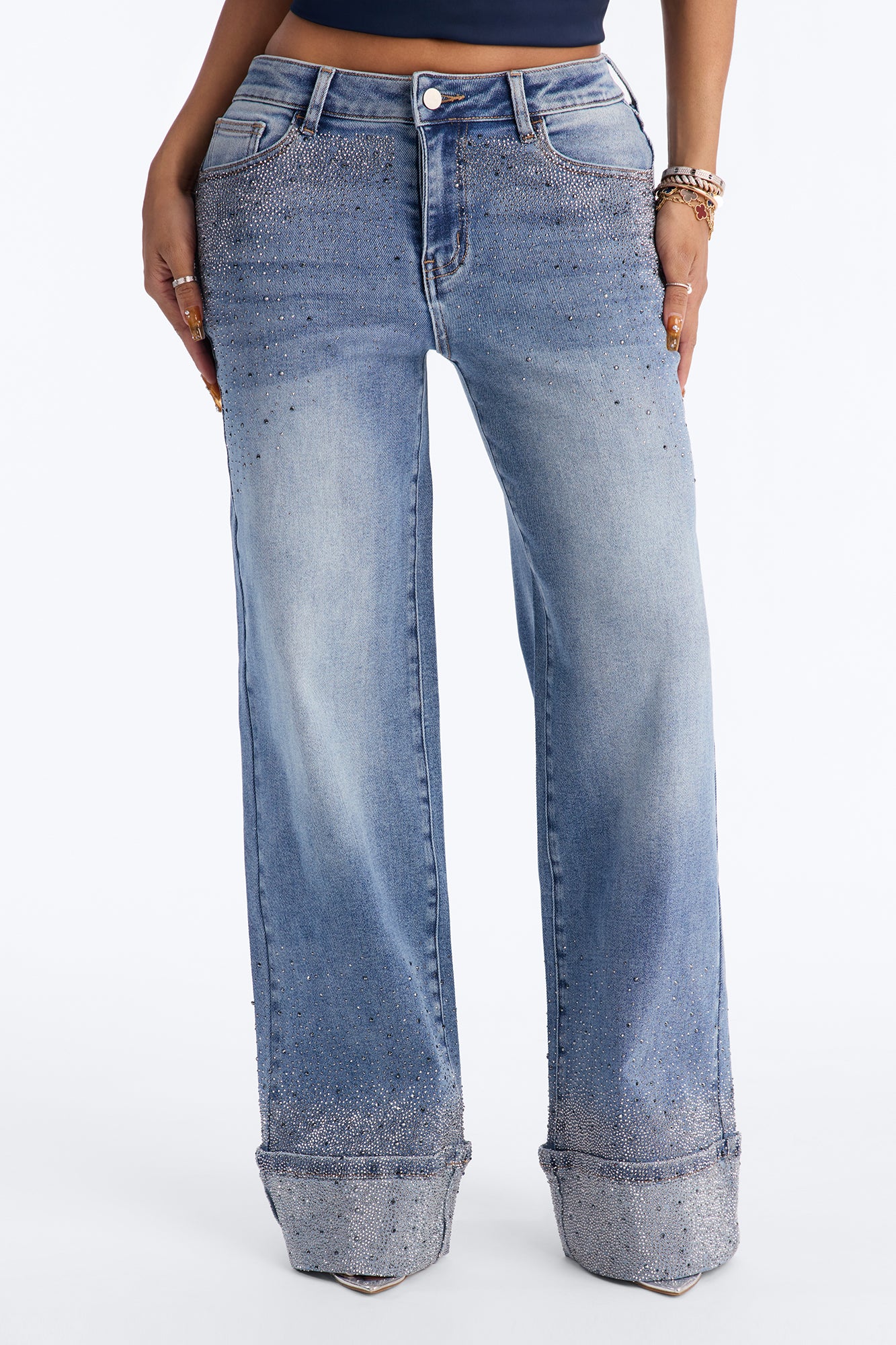 Elsa Embellished Cuffed Straight Leg Jeans - Medium Wash - Image 2
