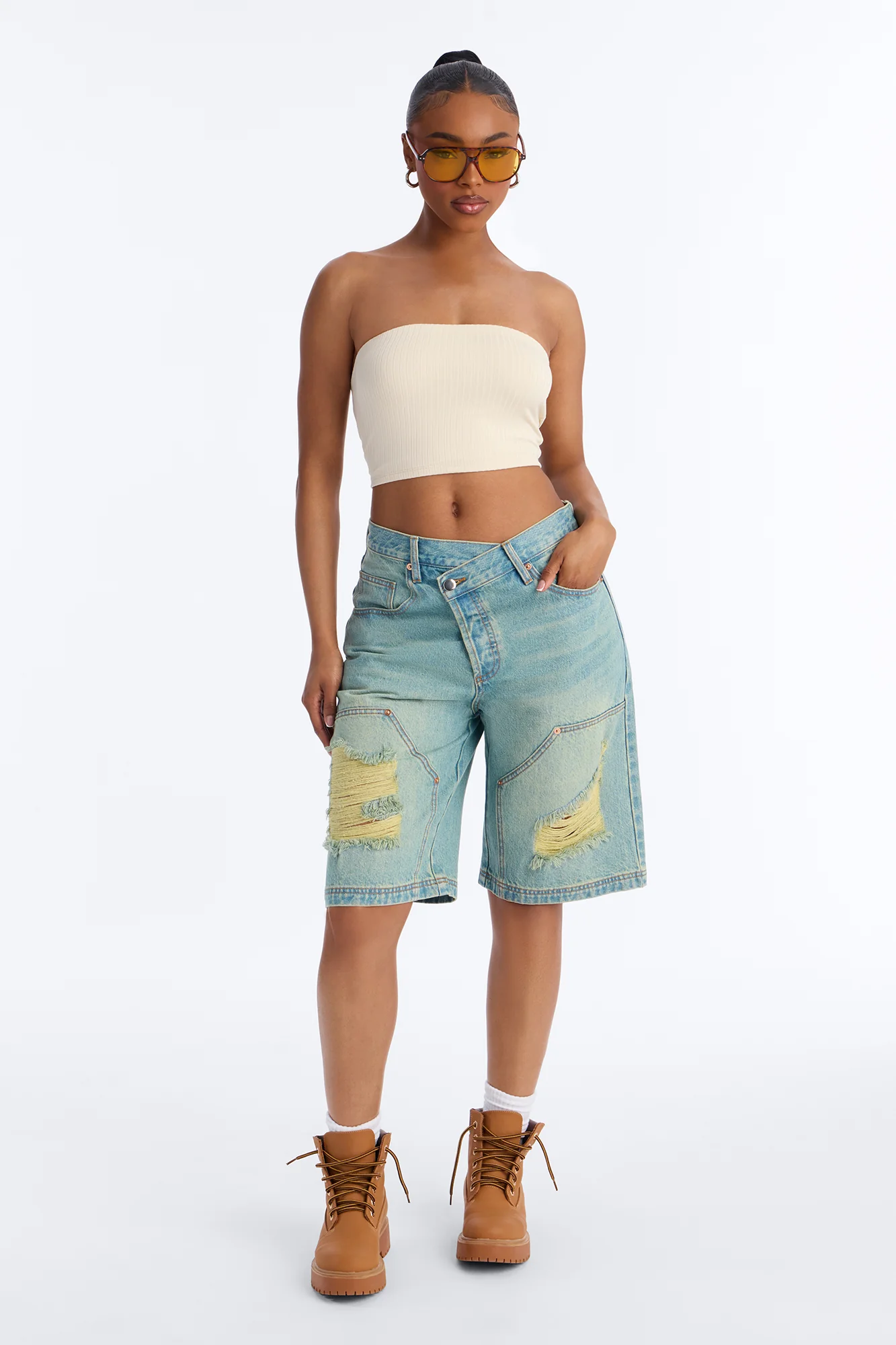 Elsie Crossover Denim Jorts - Light Wash