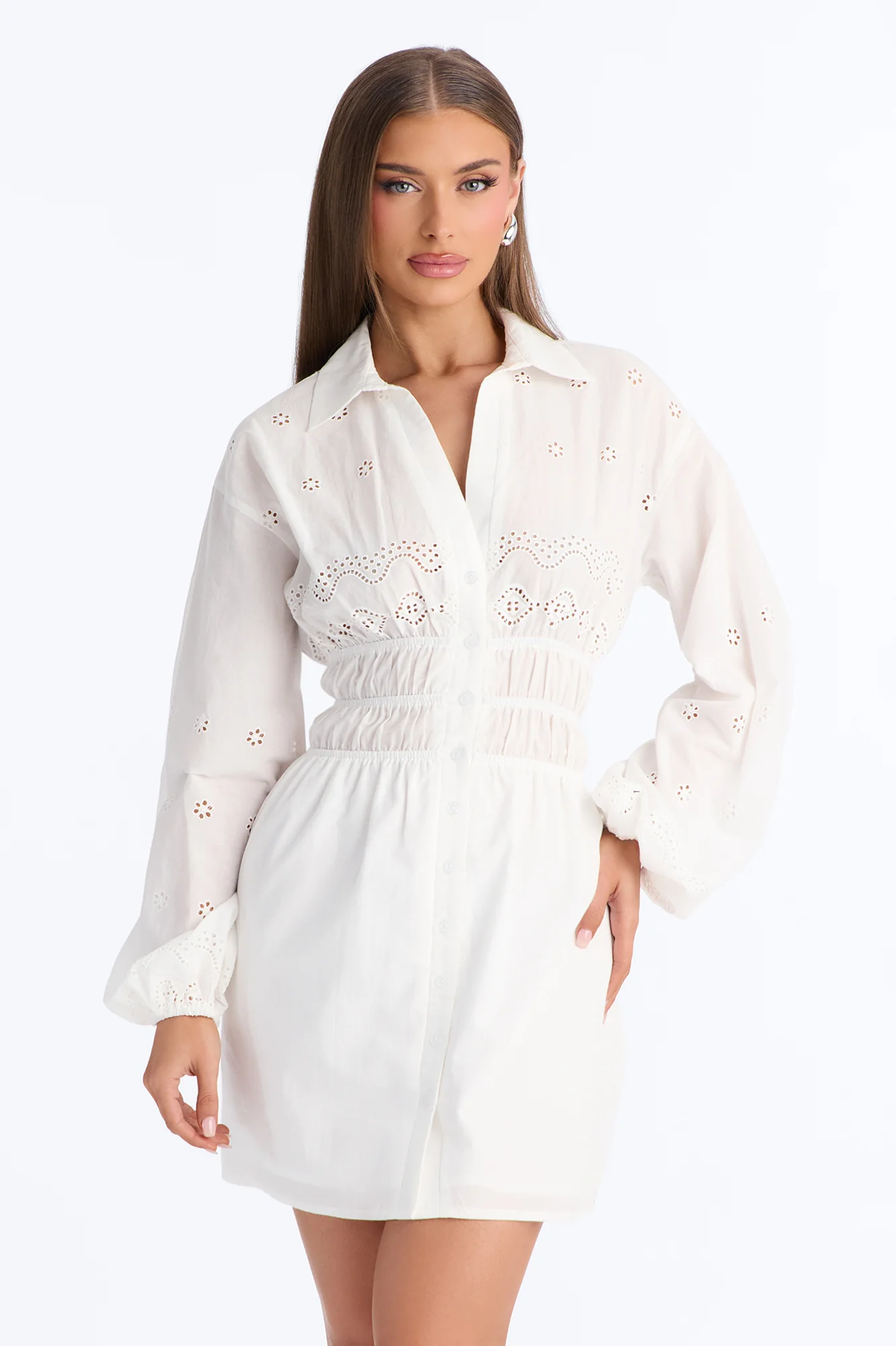 Elsie Long Sleeve Eyelet Mini Dress - White