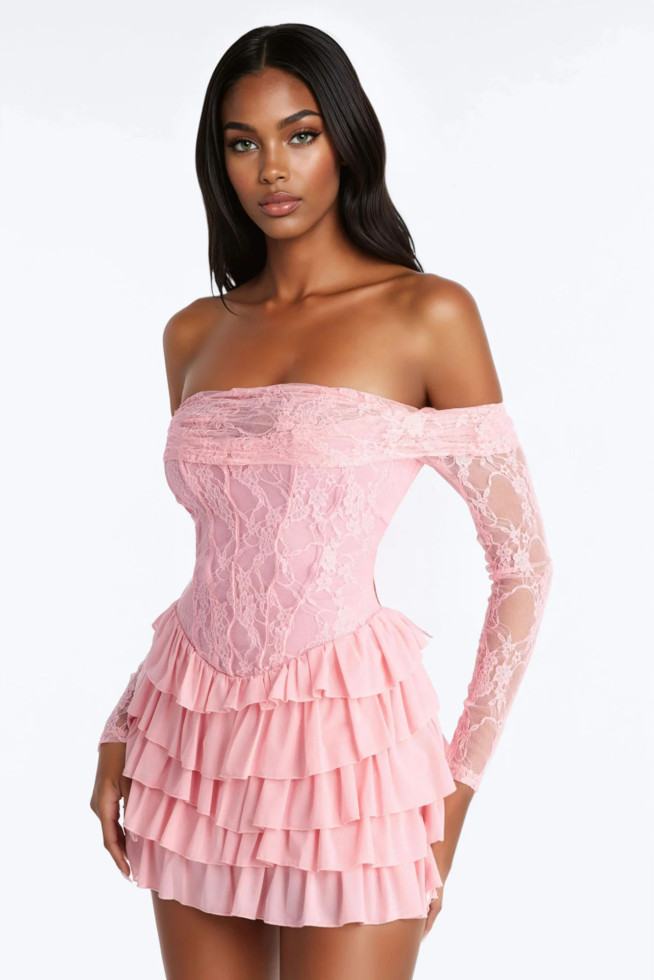 Elsie Ruffle Lace Mini Dress - Pink