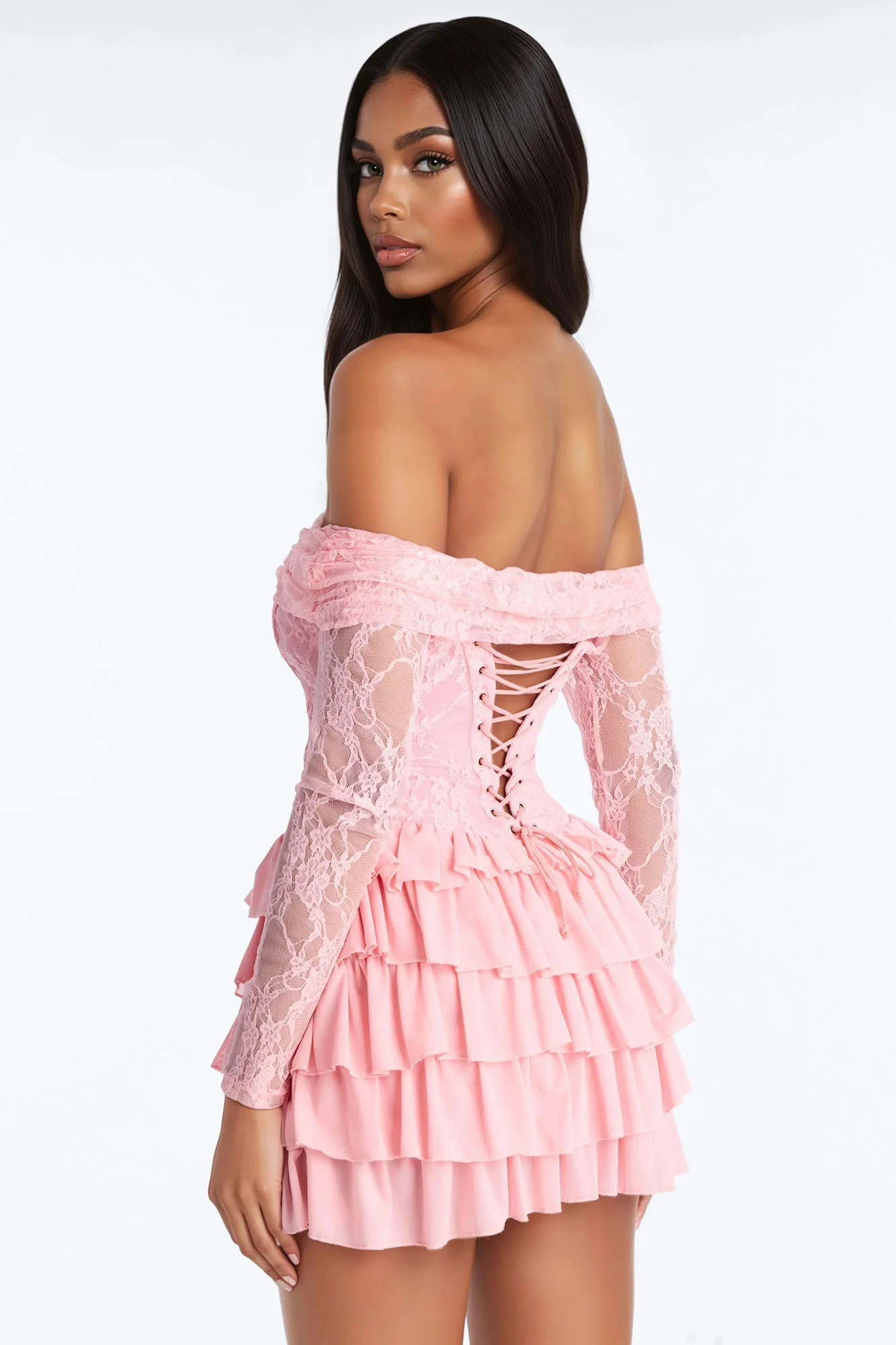 Elsie Ruffle Lace Mini Dress - Pink - Image 4