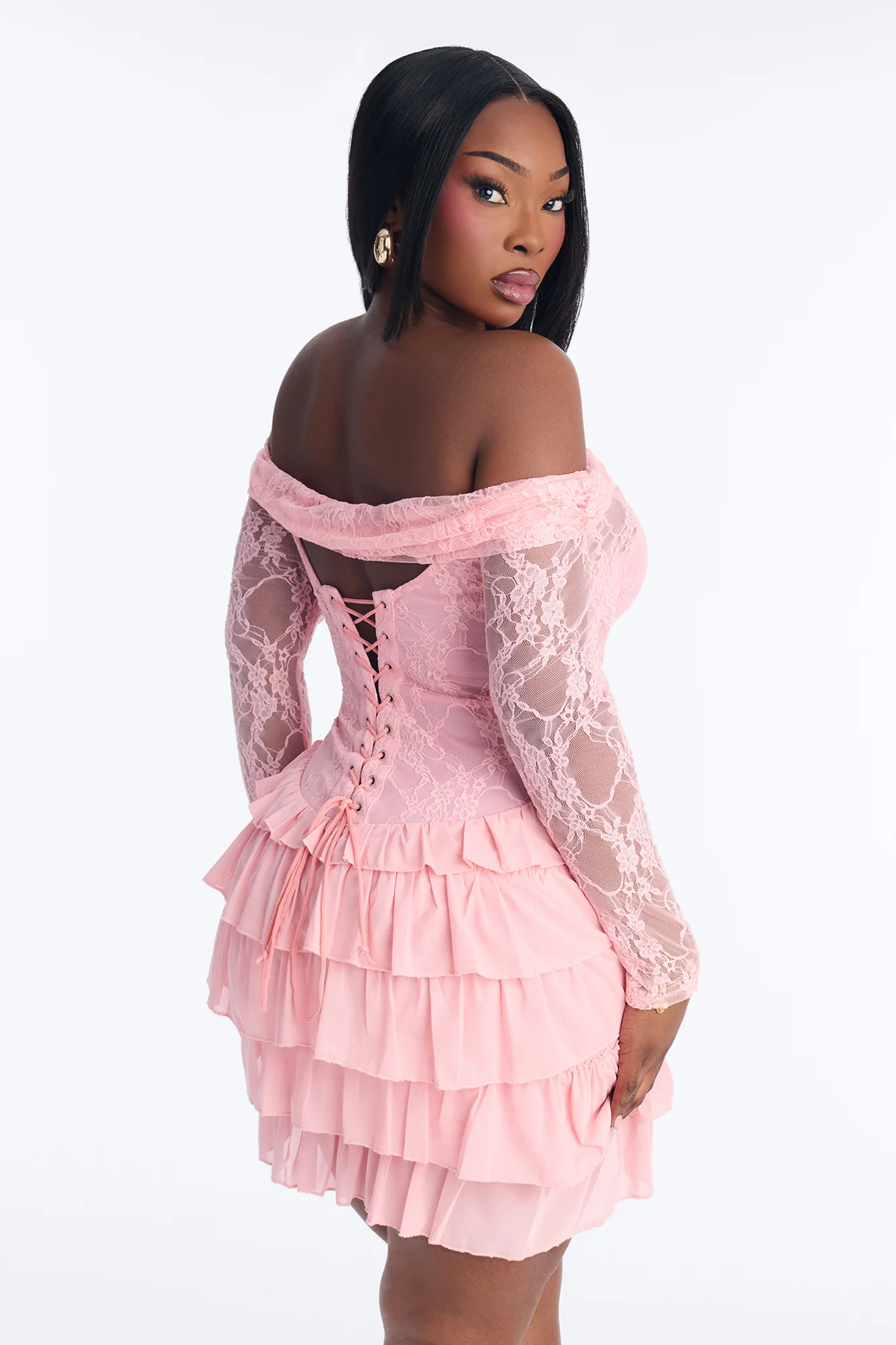 Elsie Ruffle Lace Mini Dress - Pink - Image 8