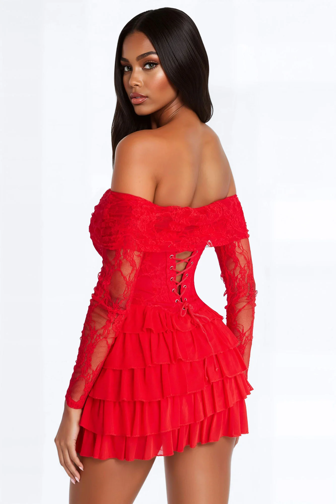 Elsie Ruffle Lace Mini Dress - Red - Image 4