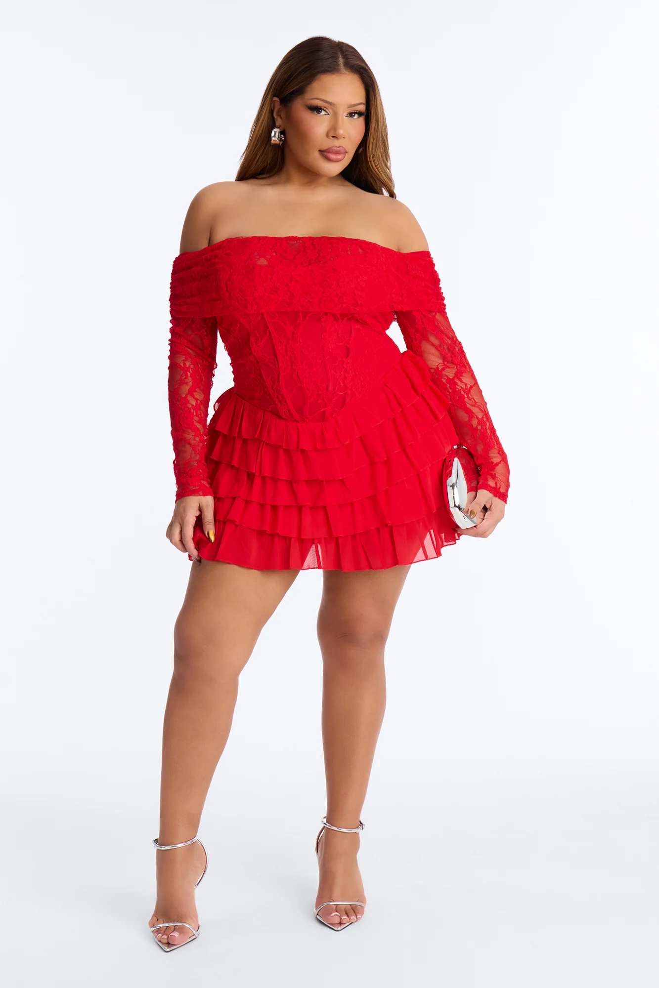 Elsie Ruffle Lace Mini Dress - Red - Image 5