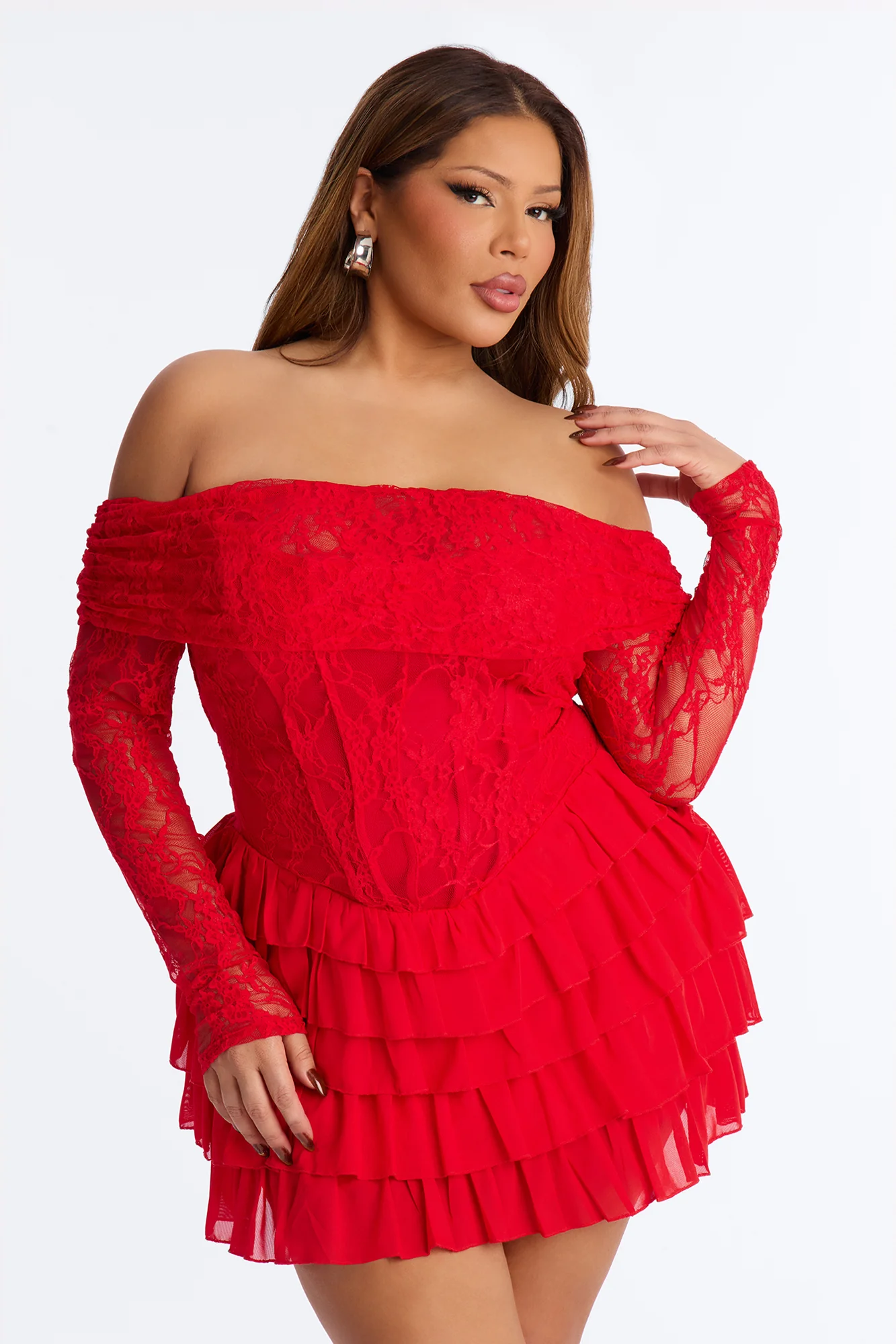 Elsie Ruffle Lace Mini Dress - Red - Image 6