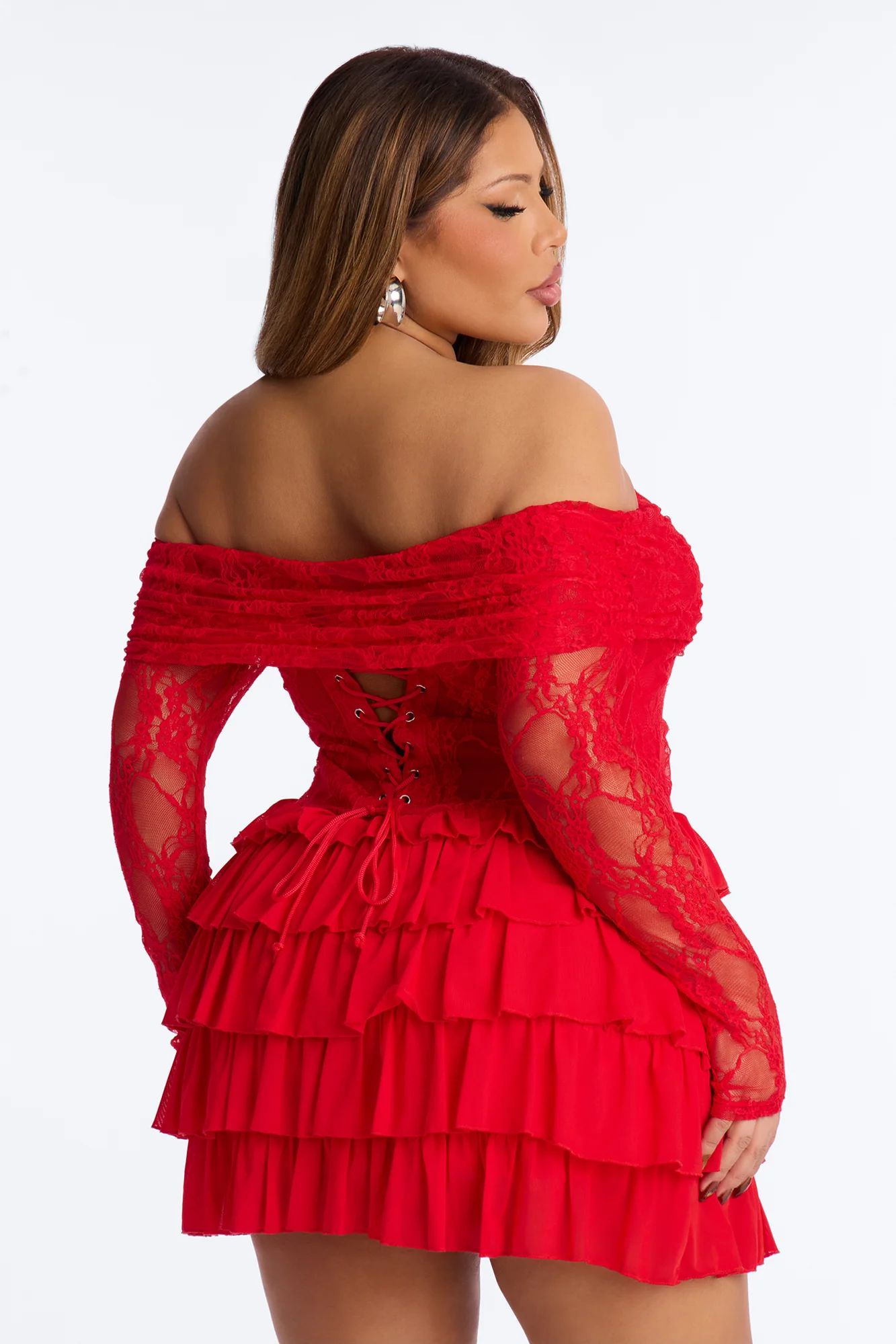 Elsie Ruffle Lace Mini Dress - Red - Image 8