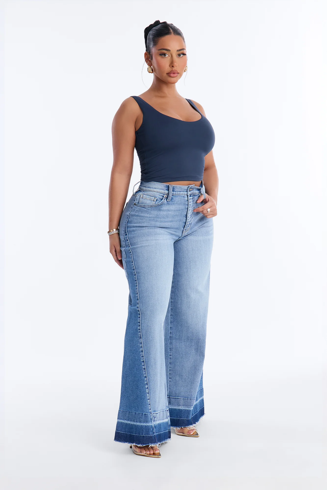 Elyse Two Tone Stretch Wide Leg Jeans - Light Wash