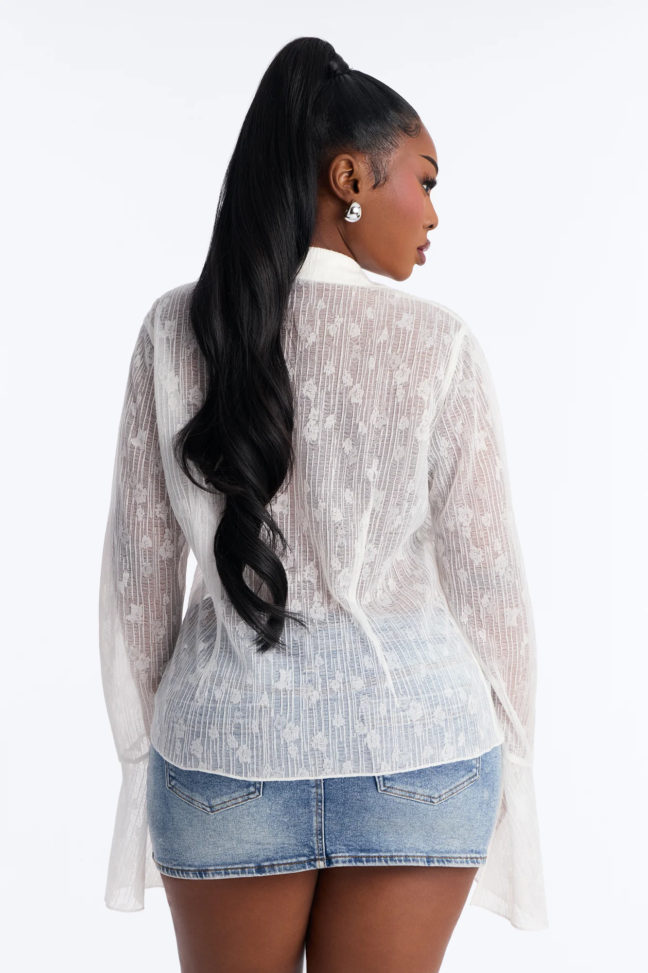 Emerson Textured Gauze Tie Long Sleeve Top - White - Image 8