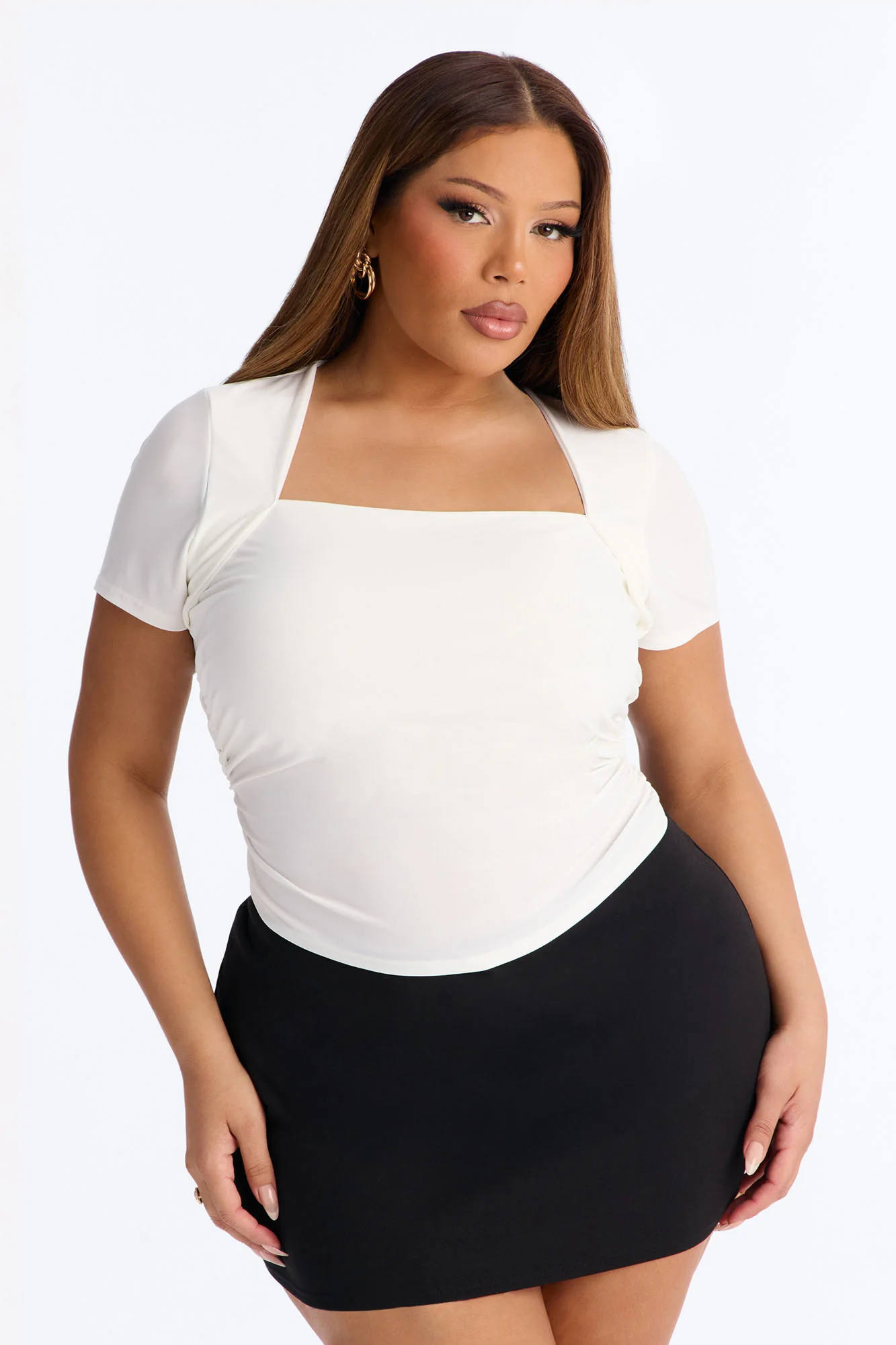 Emilie Ruched Square Neck Short Sleeve Top - Off White - Image 4