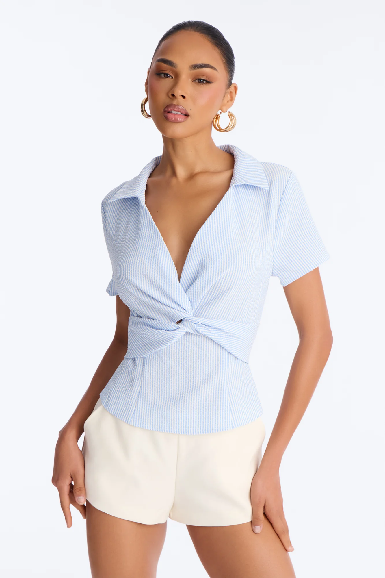 Emma Twist Front Striped Gauze Top - Blue/combo