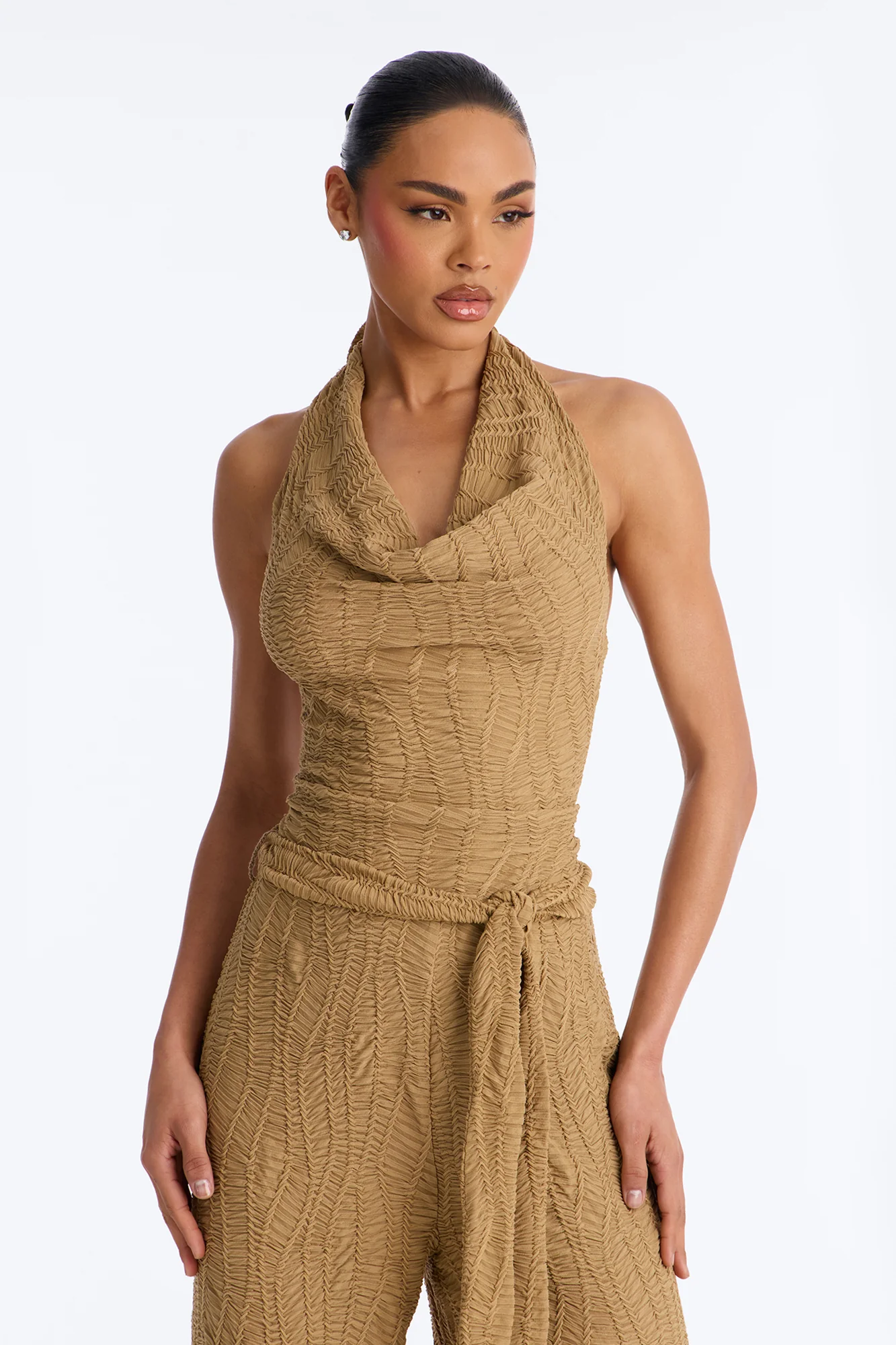 Emmy Textured Tie Waist Jumpsuit - Olive - Image 3