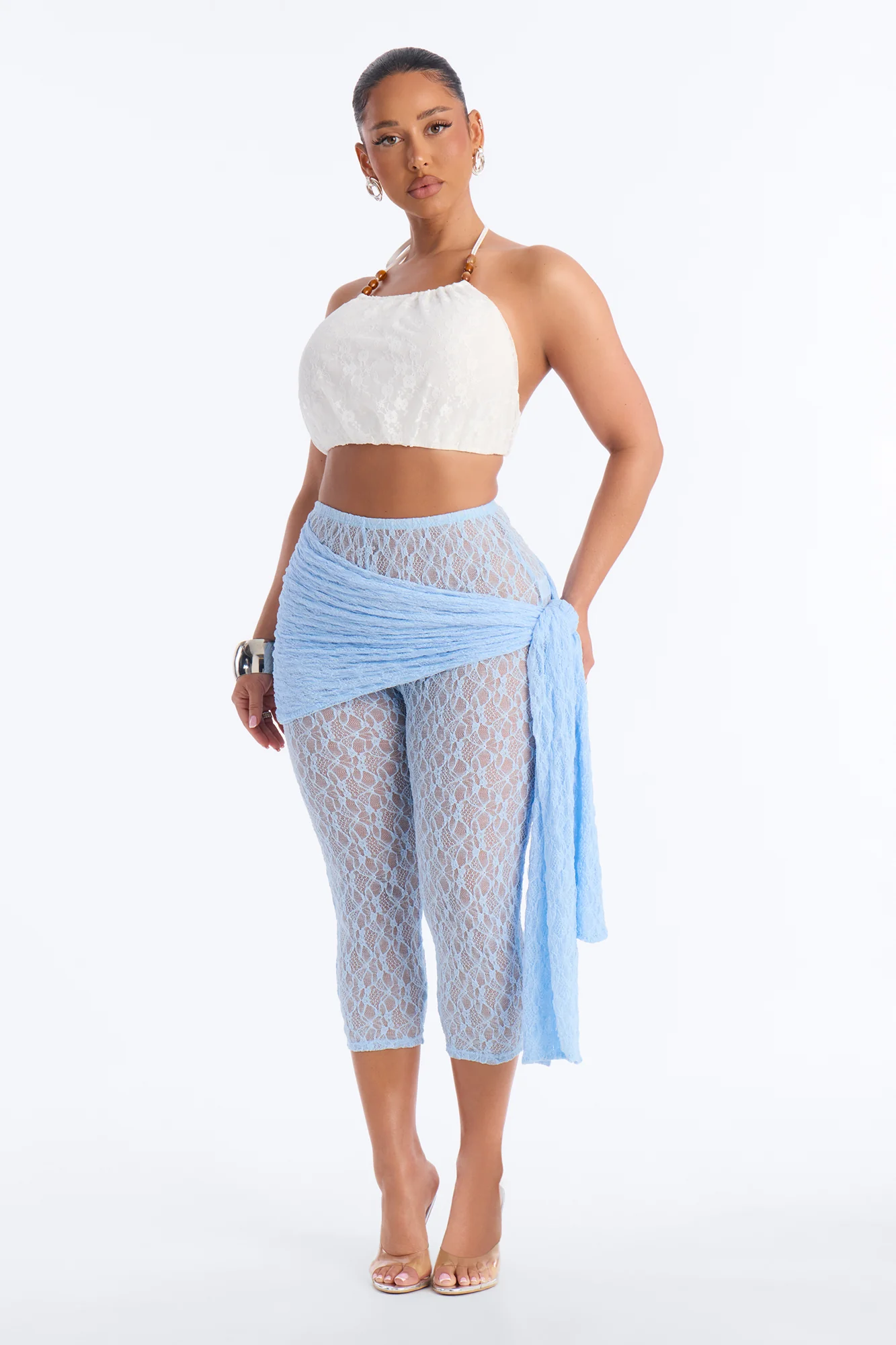 Emory Draped Tie Lace Capri Legging - Light Blue