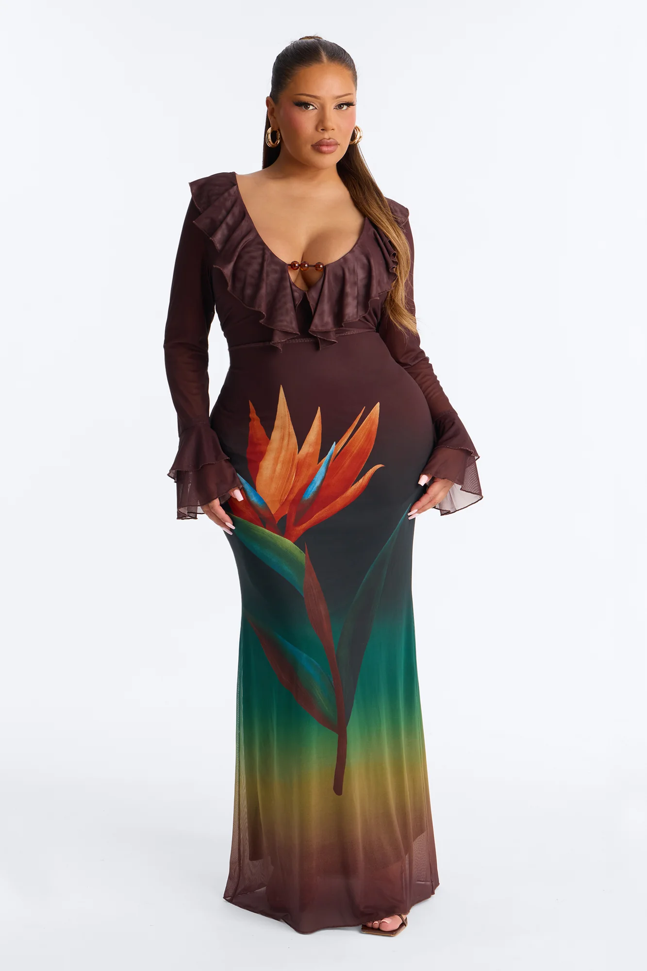Erica Ruffle Mesh Maxi Dress - Brown/combo - Image 5