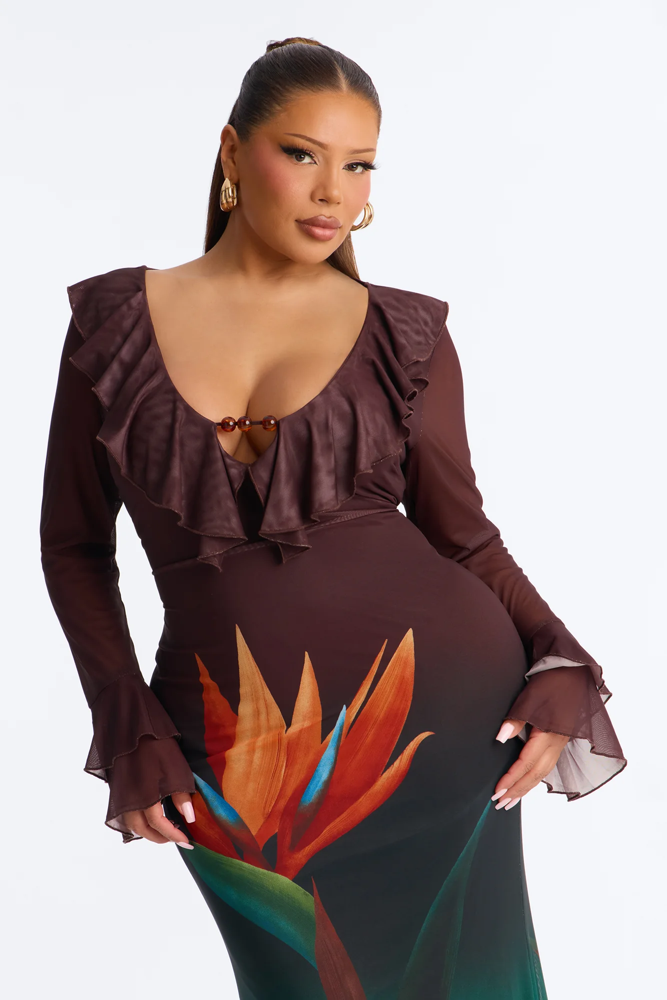 Erica Ruffle Mesh Maxi Dress - Brown/combo - Image 6